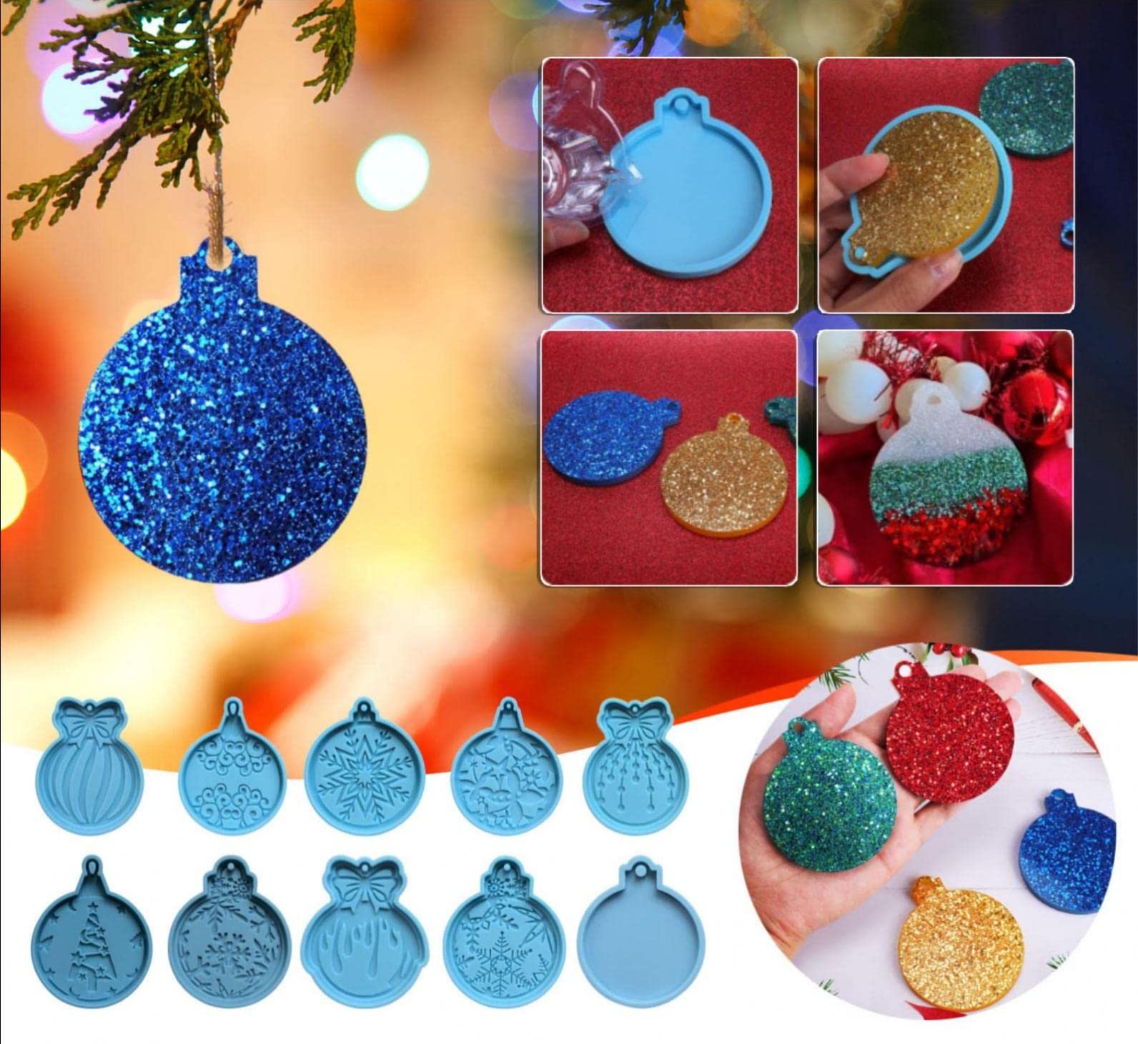 Christmas Resin Molds for DIY Crafts - Silicone Round Ornament Molds with Hole for Epoxy Resin, Keychain Making - Perfect for Christmas Tree Decorations, Holiday Pendants & Handmade Gifts (Set A)