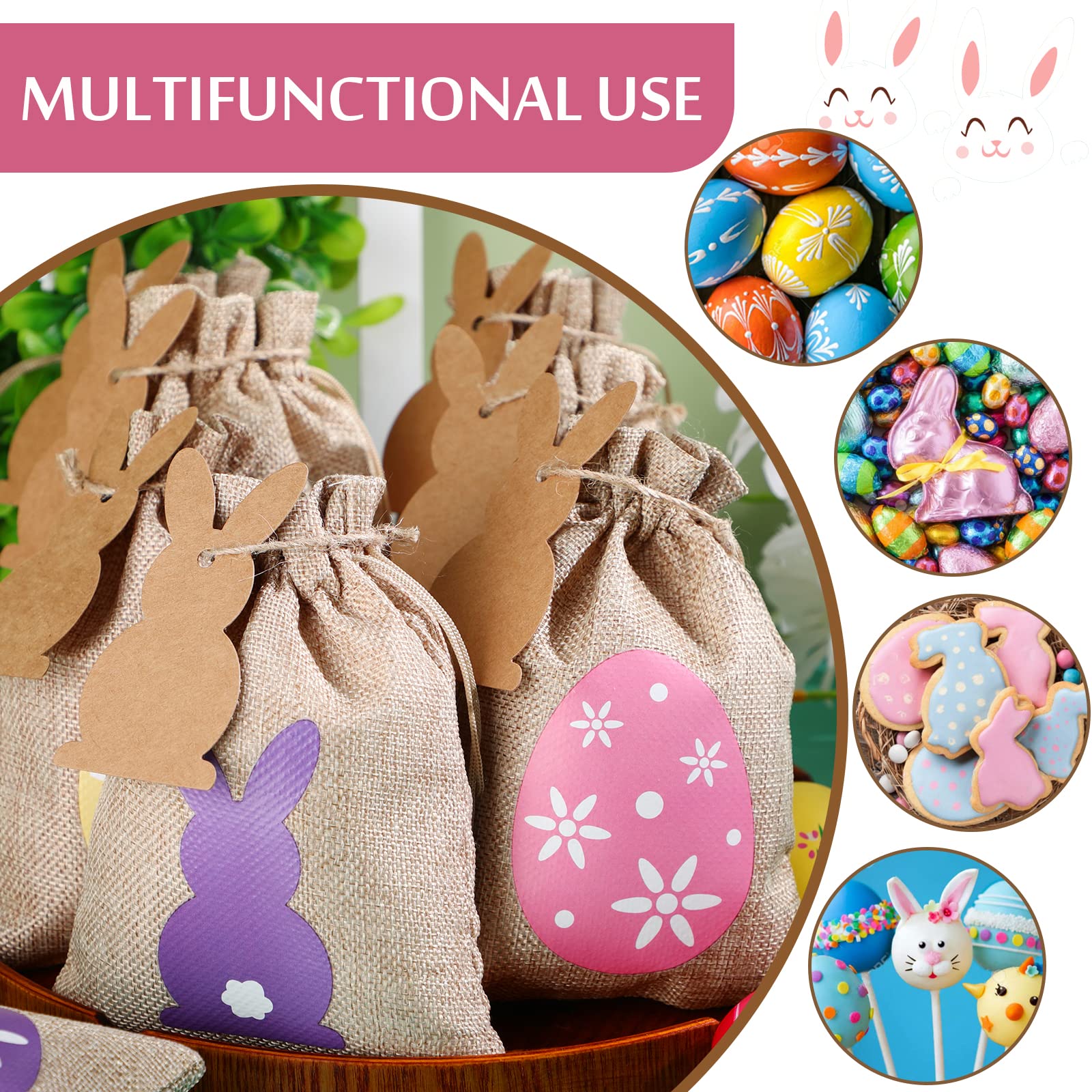 Shappy 24 Pcs Easter Burlap Drawstring Gift Bags - Bunny Linen Goodie Bags with Double Jute Drawstrings for Easter Egg Hunt, Party Favors, Candy Storage & Holiday Decorations (Cute Style)