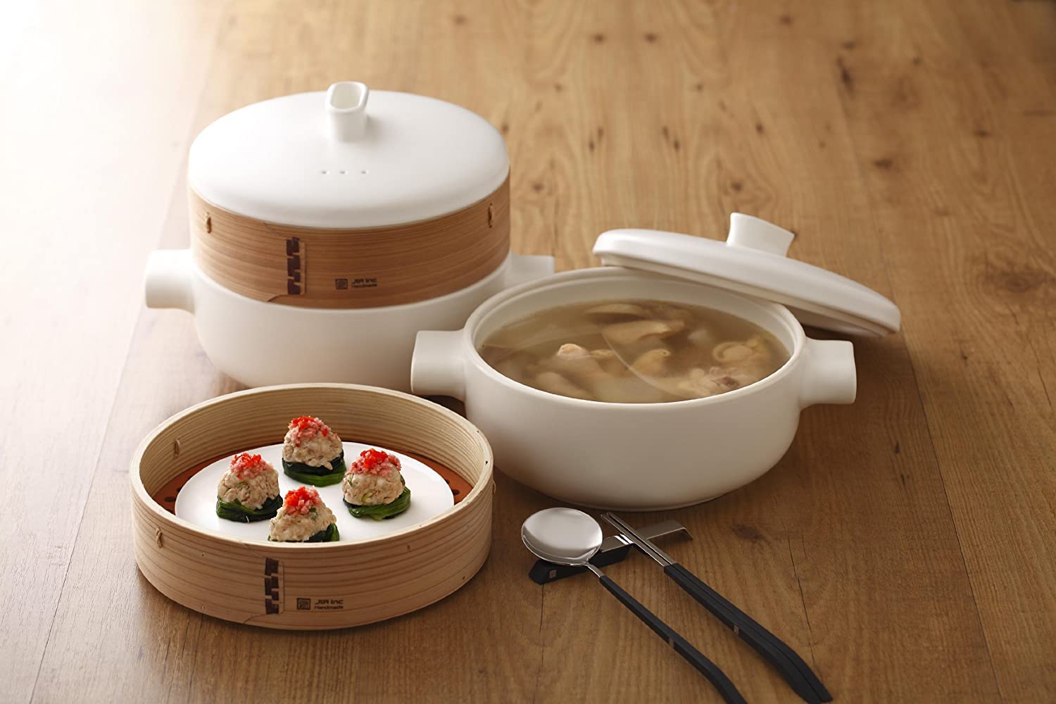 Premium Ceramic Steamer Pot - 7.1 Inch (18 cm) White Small Bamboo Steamer for Healthy Cooking | Perfect for Dumplings, Vegetables & Asian Cuisine
