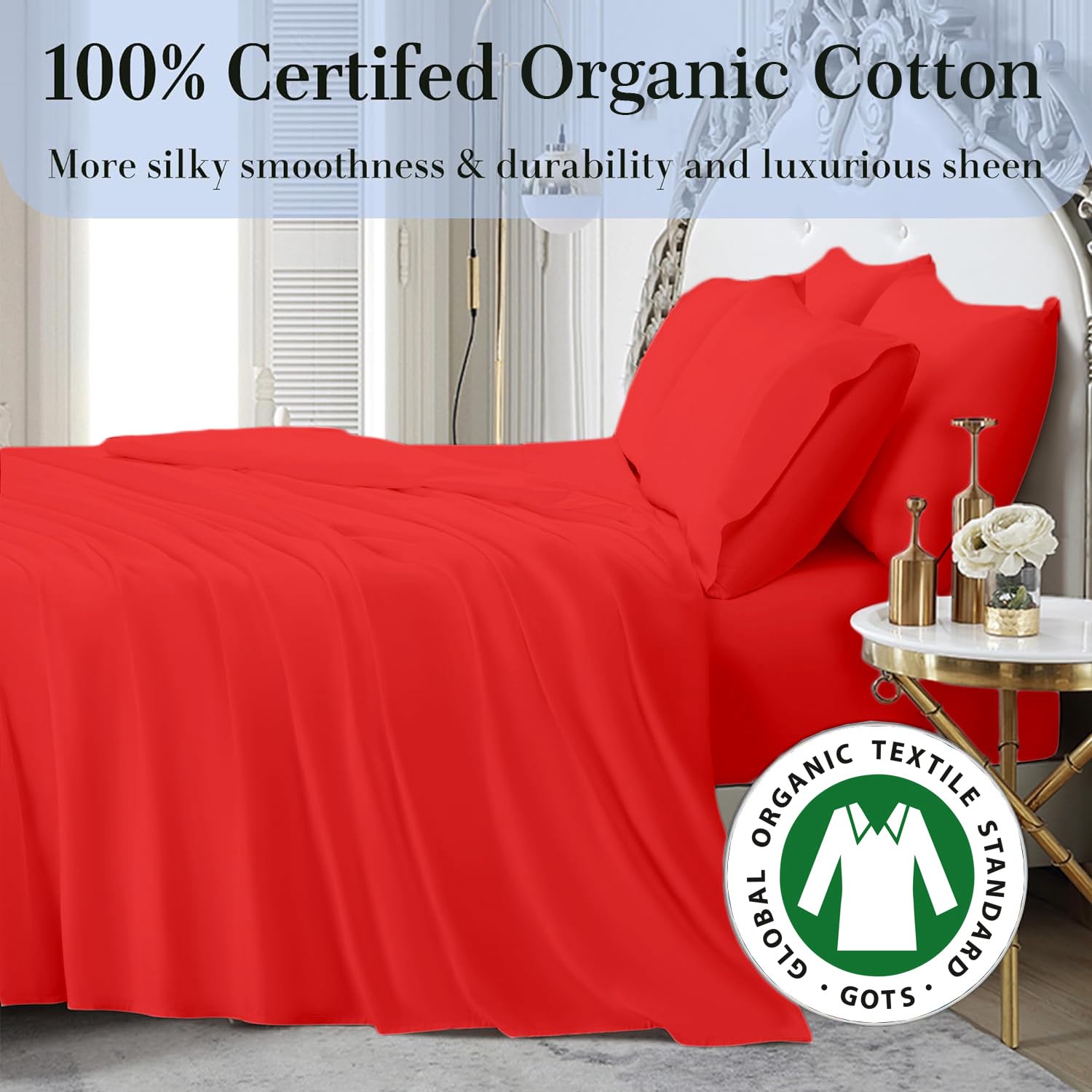 Luxury 4-Piece California King Size Sheet Set - 100% Organic Cotton, 800 Thread Count, Ultra Soft & Breathable, Deep Pocket Fits 8-12