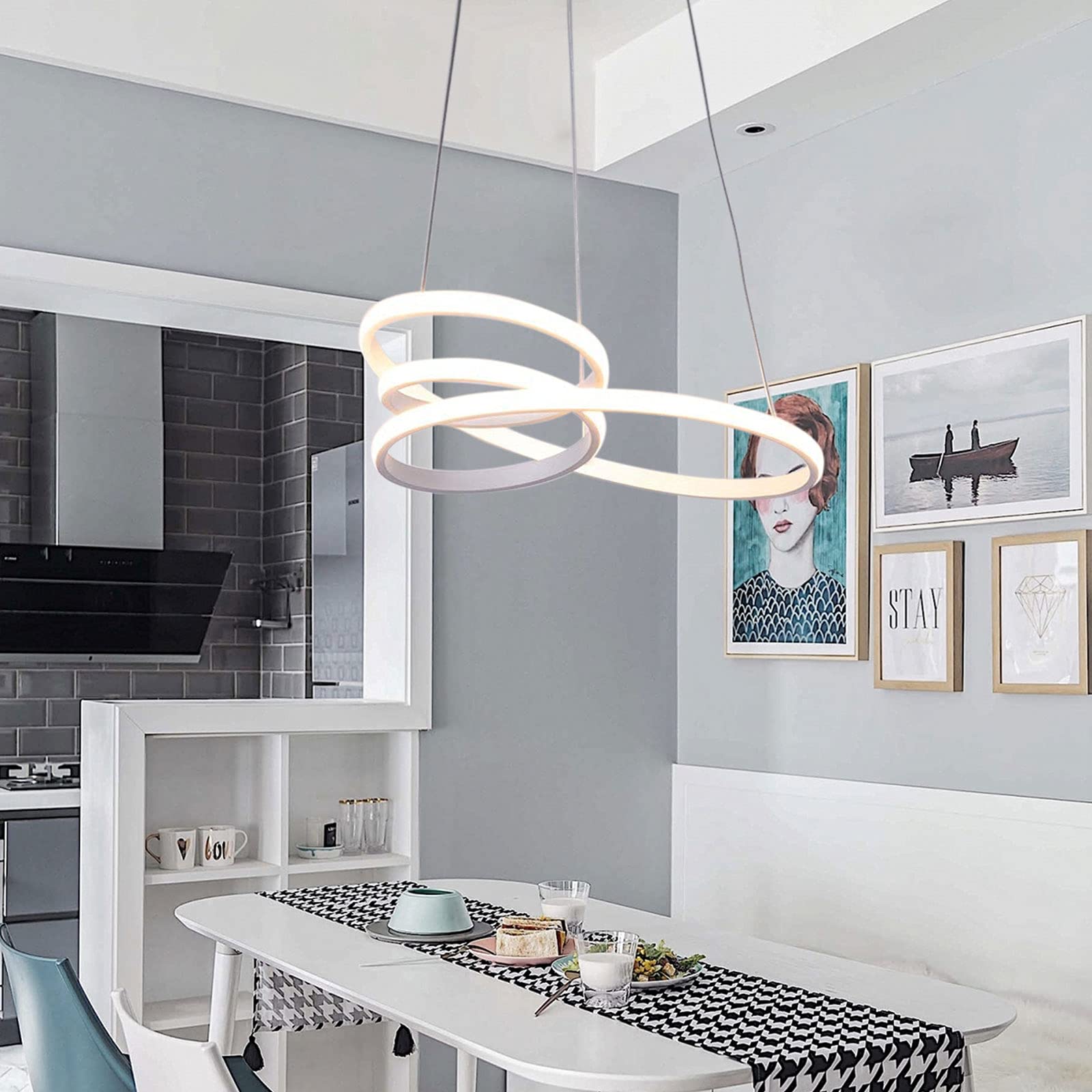 Modern LED Chandelier Ceiling Light - Adjustable Round Hanging Lamp with Unique Design for Bedroom, Living Room, Kitchen & Bar - White | Perfect for Dining Areas, Entryways & Home Decor