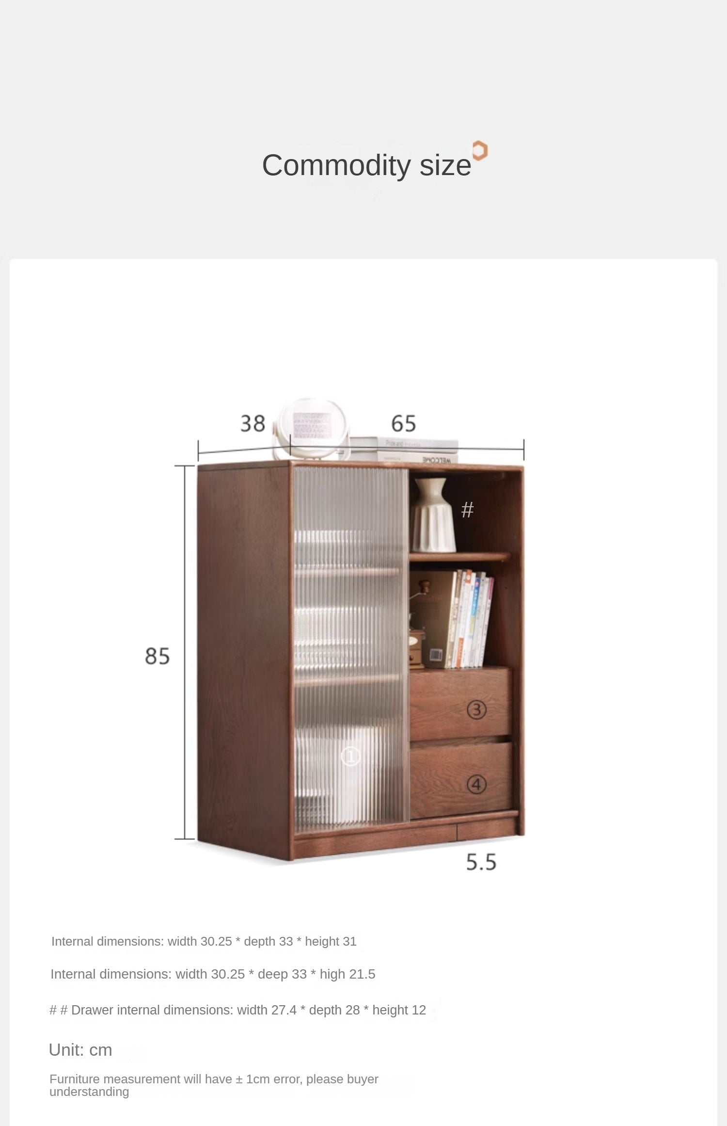 Solid Oak Wood Side Cabinet with Glass Door - Small Bookcase for Living Room, Bedroom & Office Storage