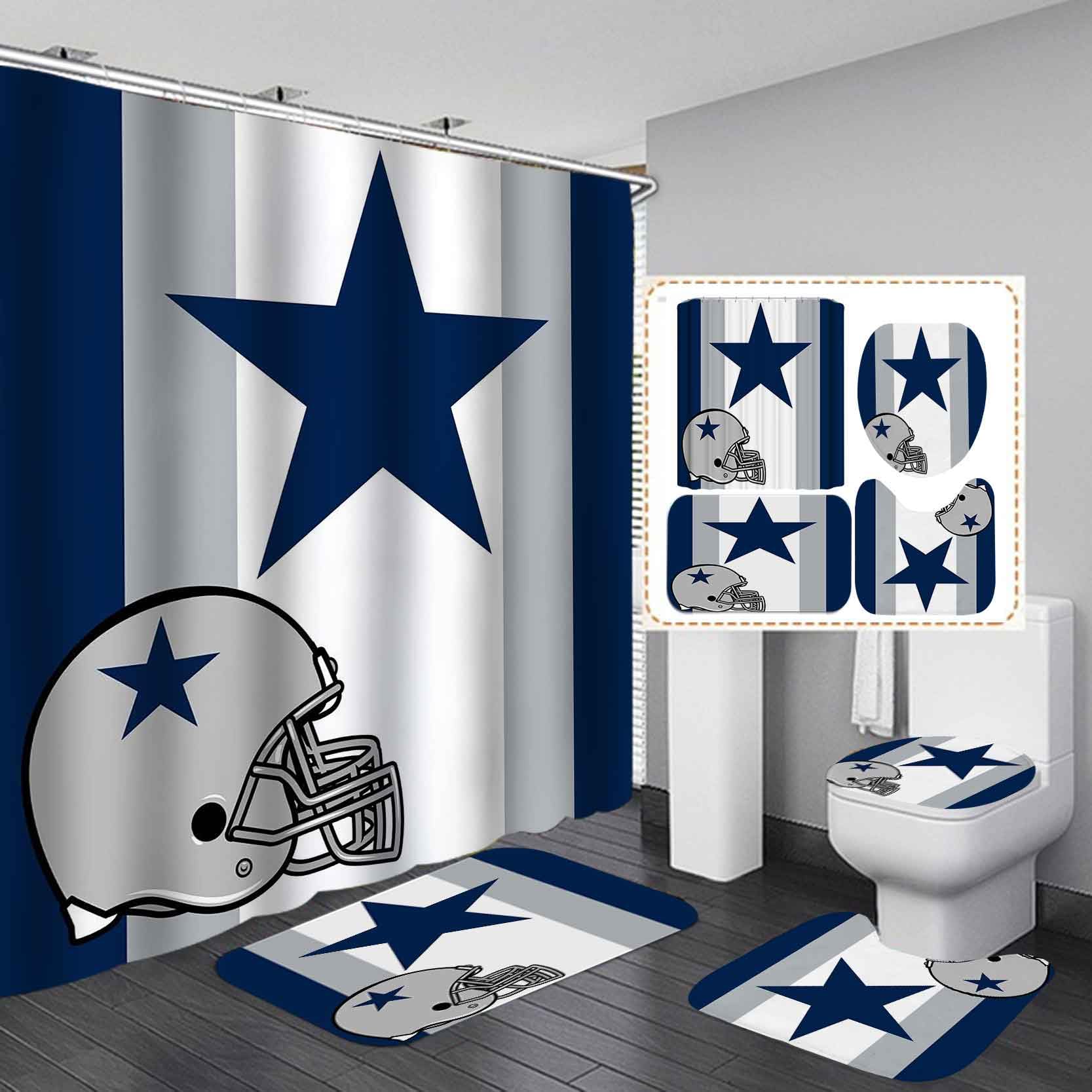 4-Piece American Football Shower Curtain Set with Non-Slip Bath Rugs - Texas Star Championship Player Design in White & Navy Blue Stripes - Modern Sports Bathroom Decor for Men - Perfect for Game Day, Sports-Themed Bathrooms & Football Fan Gifts