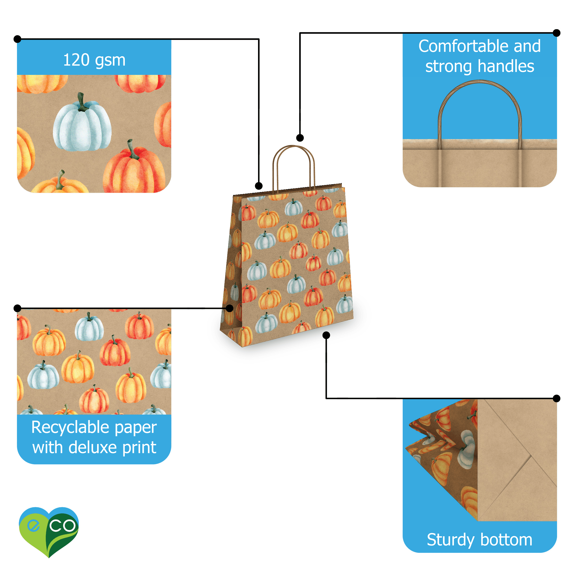 Premium Fall-Themed Kraft Gift Bags - Assorted Sizes (Small/Medium/Large) - Eco-Friendly Brown Paper Bags for Autumn Parties, Thanksgiving Favors, Halloween Treats & Christmas Gift Wrapping