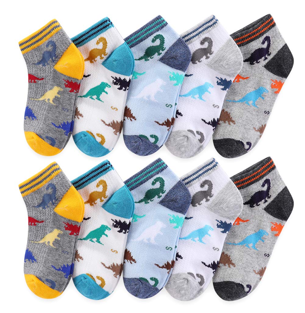 CHUNG Boys Cotton Ankle Socks 5/10 Pack - Low Cut Dinosaur Print Mesh Socks for Kids 2-9 Years - Lightweight Breathable for School, Running, Sports & Casual Wear