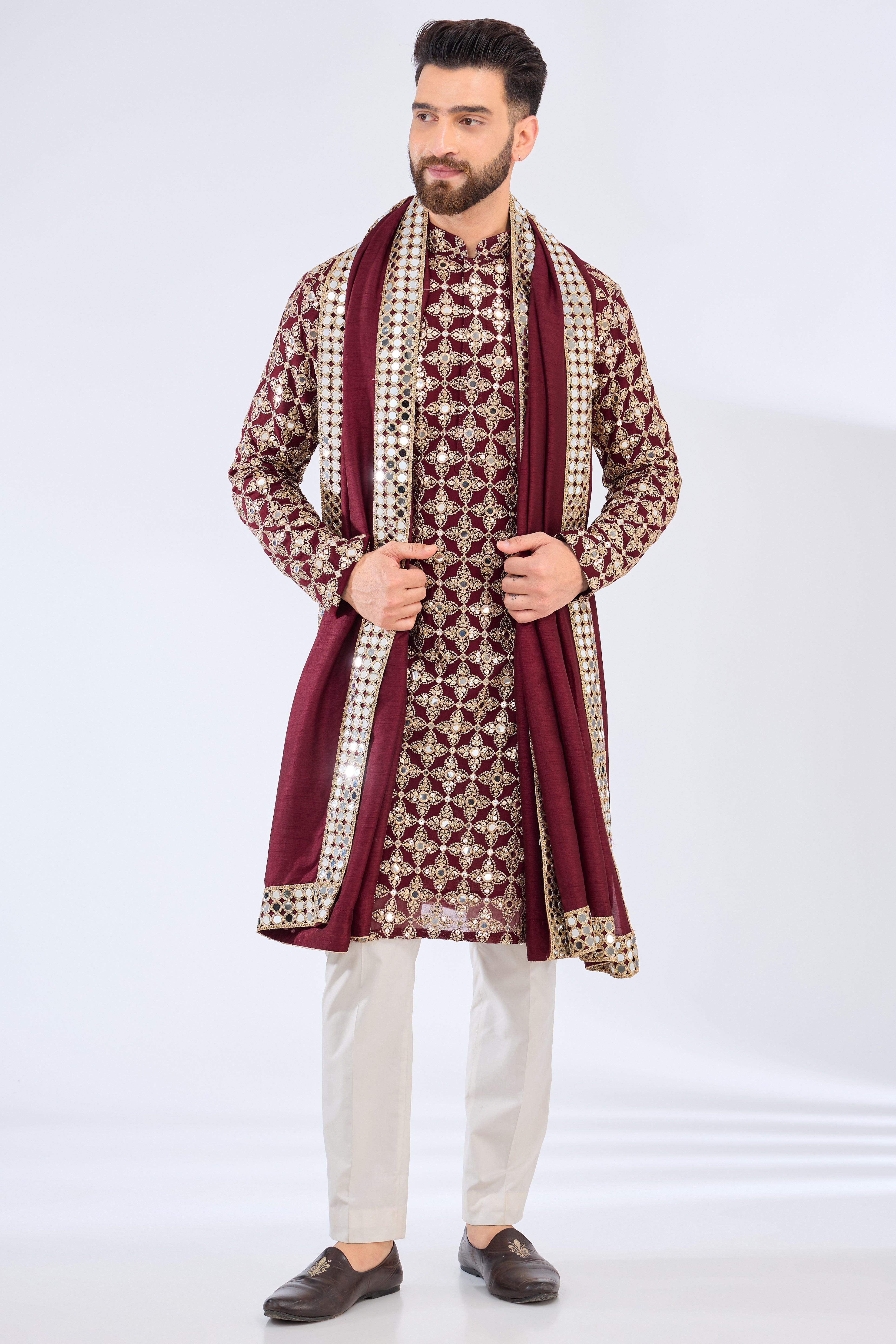 Elegant Maroon Mirror Work Kurta with Zari Embroidery & Matching Mirror Work Stole - Perfect for Festivals, Weddings & Ethnic Fashion