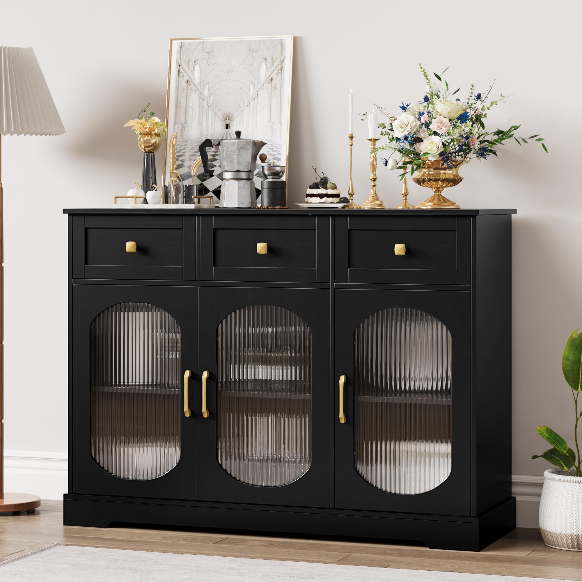Modern Farmhouse Kitchen Buffet Cabinet with 3 Drawers & 3 Glass Doors - 47