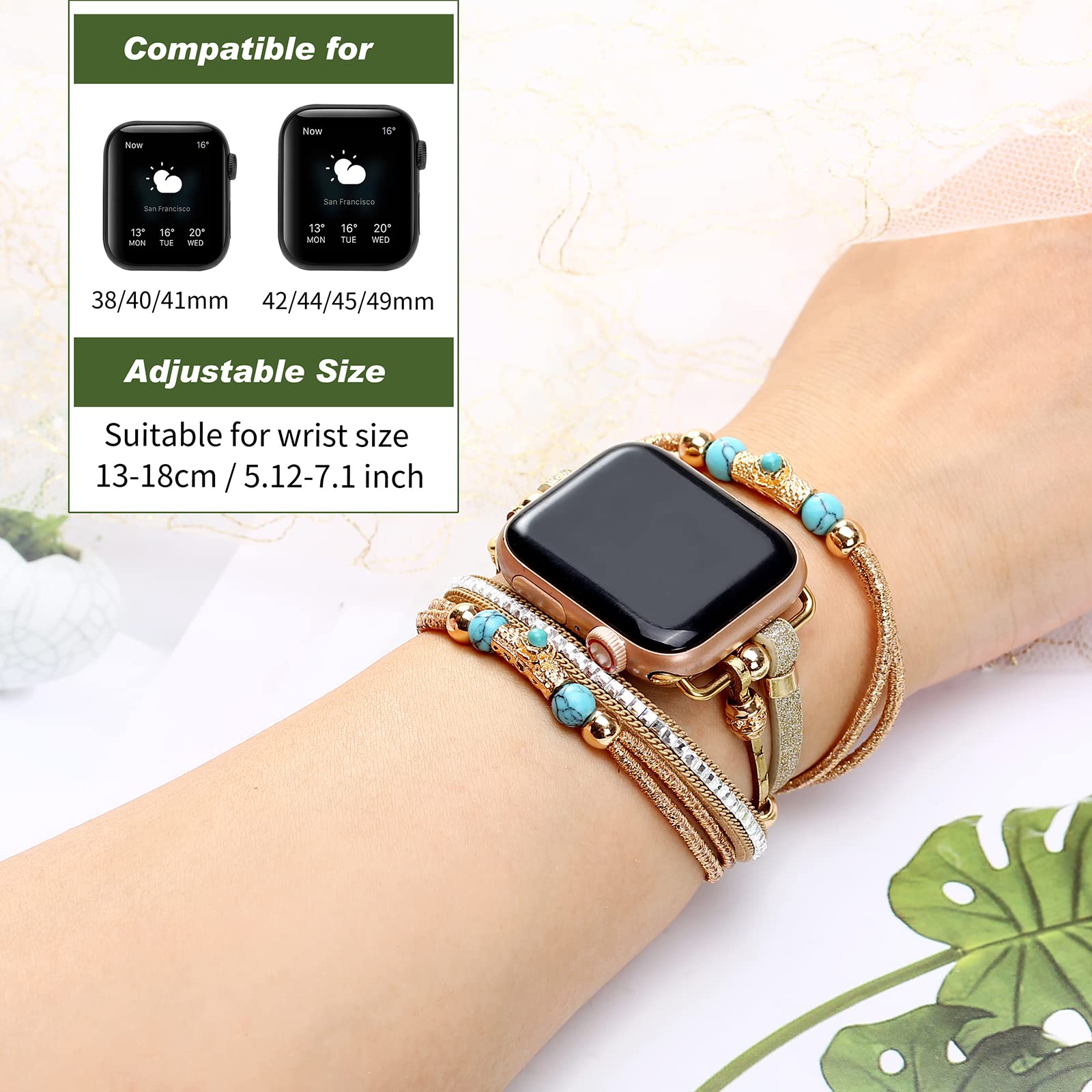 Boho Leather Apple Watch Band for Women & Men - Compatible with Series 10/9/8/7/6/SE/Ultra 2/5/4/3/2/1 (38mm-49mm) | Multilayer Wrap Bracelet Strap for Dressy & Casual Style | Perfect for Work, Travel & Everyday Wear