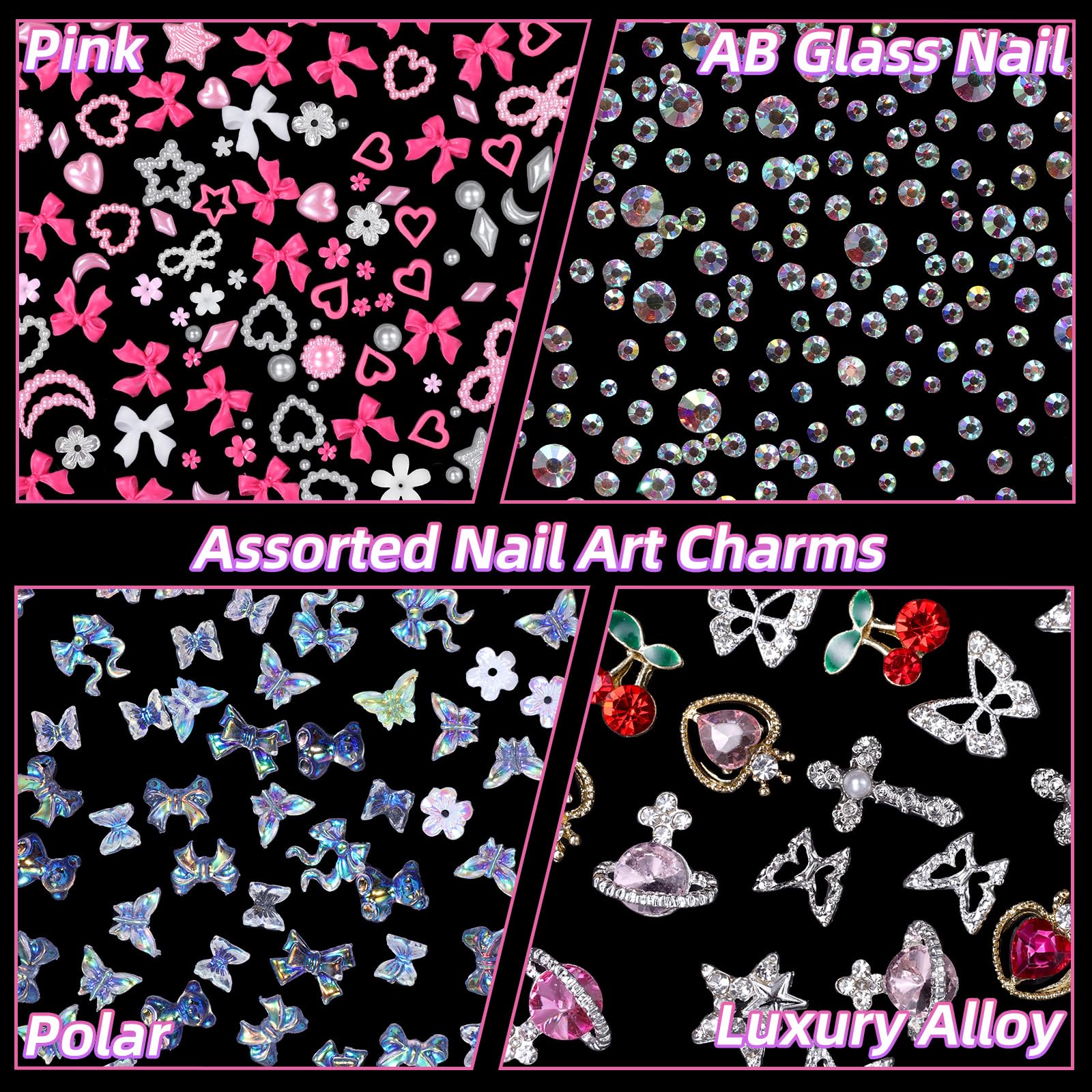Tatiwoo 1200 Pcs 3D Nail Charms Kit - White & Pink Nail Art Decorations with Bows, Flowers, Bears, Butterflies & AB Rhinestones for DIY Manicure & Nail Jewelry | Perfect for Home Salon, Party Nails, Gift Giving