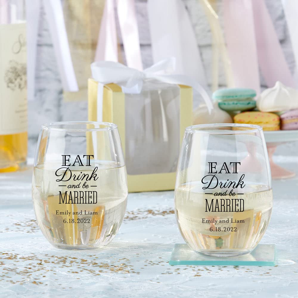 Personalized Stemless Wine Glass 9 oz - Custom Wedding & Bridal Shower Favors - Engraved Silver Wine Tumbler with Text - Bulk 204pcs Set - Perfect for Anniversary Gifts, Bachelorette Parties & Bridesmaid Gifts