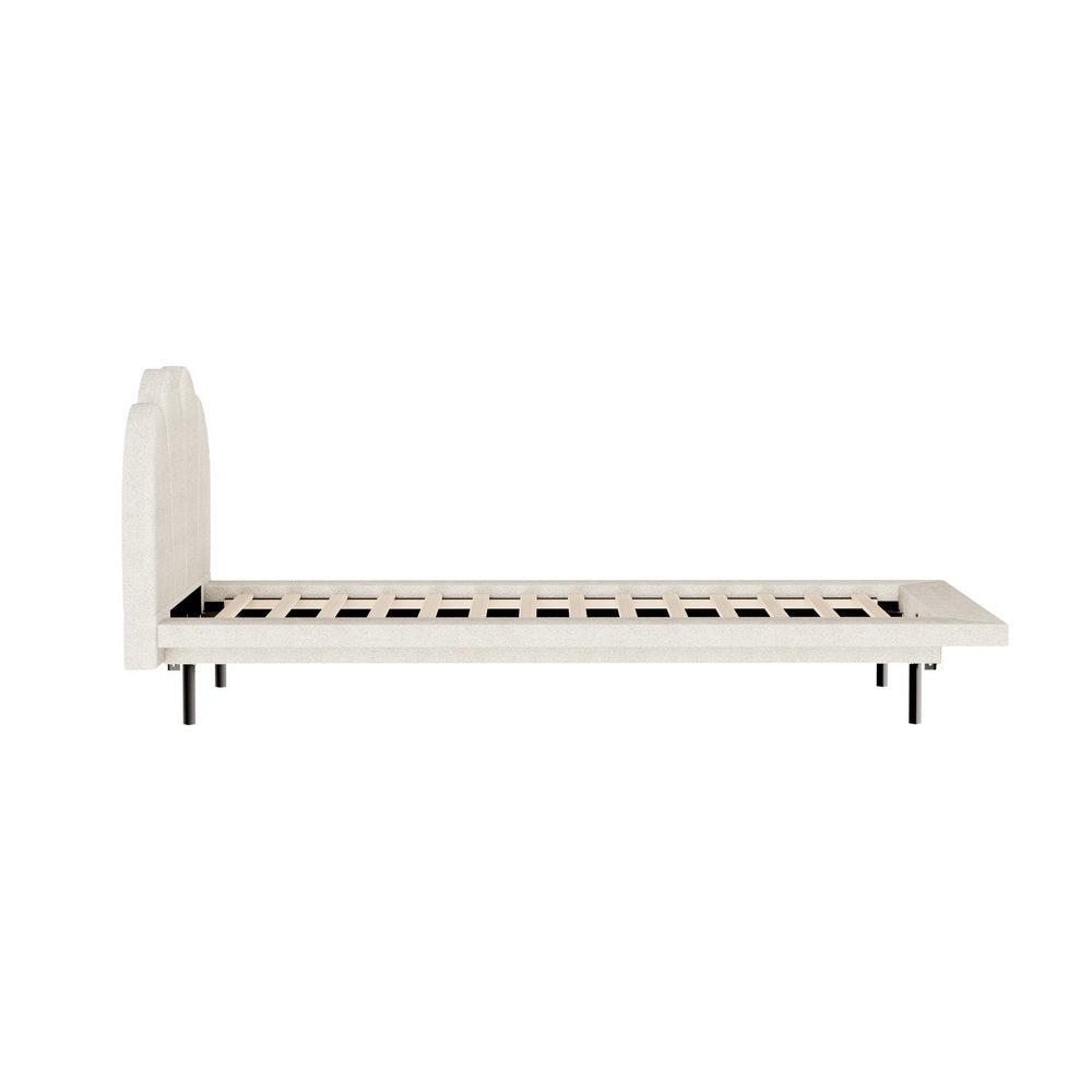 Single Size Bed Frame with Boucle Upholstery in Beige - SASA | Modern Minimalist Bedroom Furniture for Small Spaces, Dorms & Guest Rooms