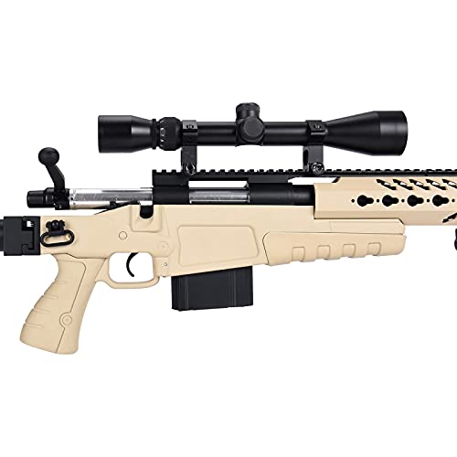 Lancer Tactical WellFire MB4418-3 Bolt Action Airsoft Sniper Rifle - 380 FPS with Scope & Bipod (Tan) - Perfect for Outdoor Skirmishes, Target Practice & Airsoft Competitions