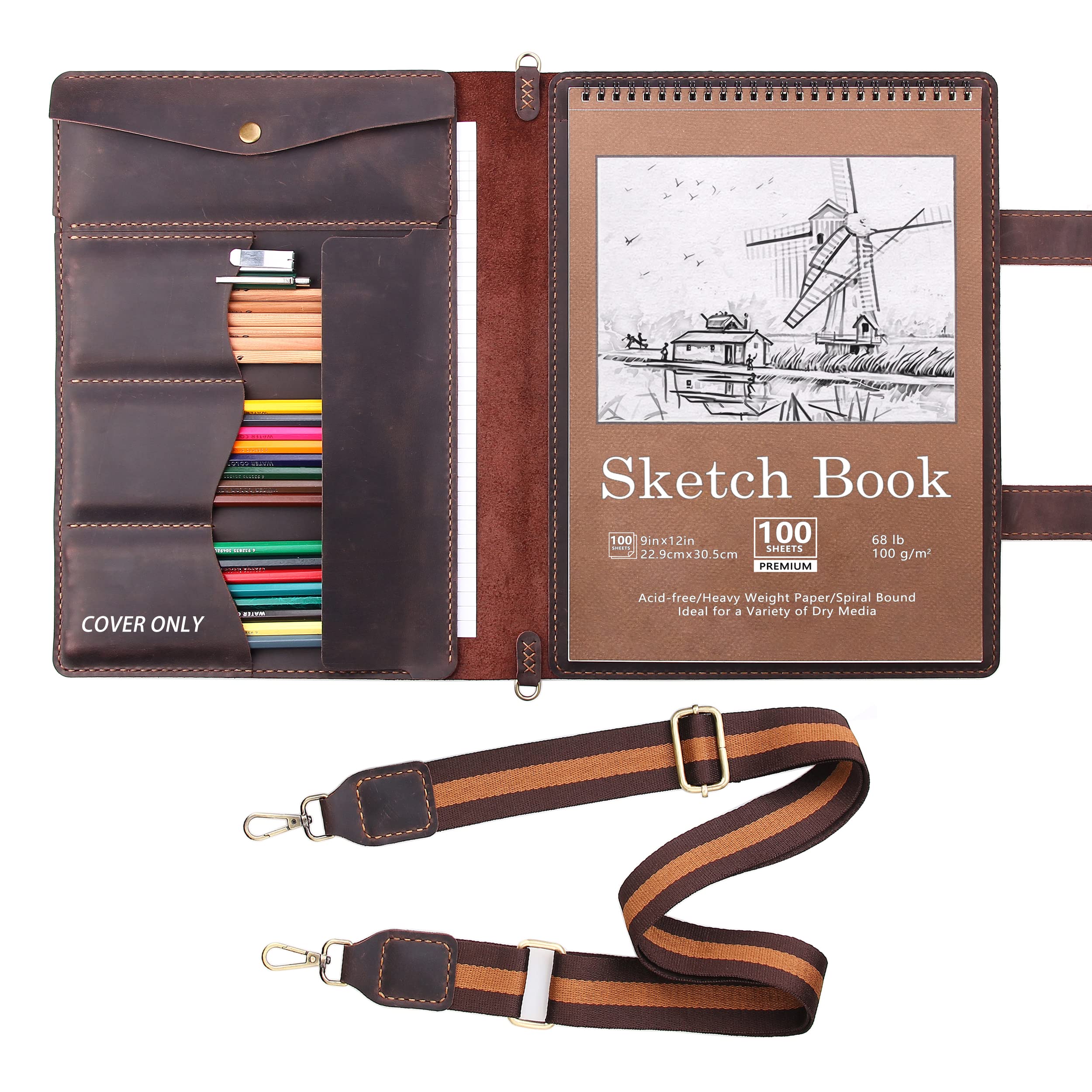 Robrasim Handmade Leather Sketchbook Cover - Premium Artist Sketch Pad Holder for 9