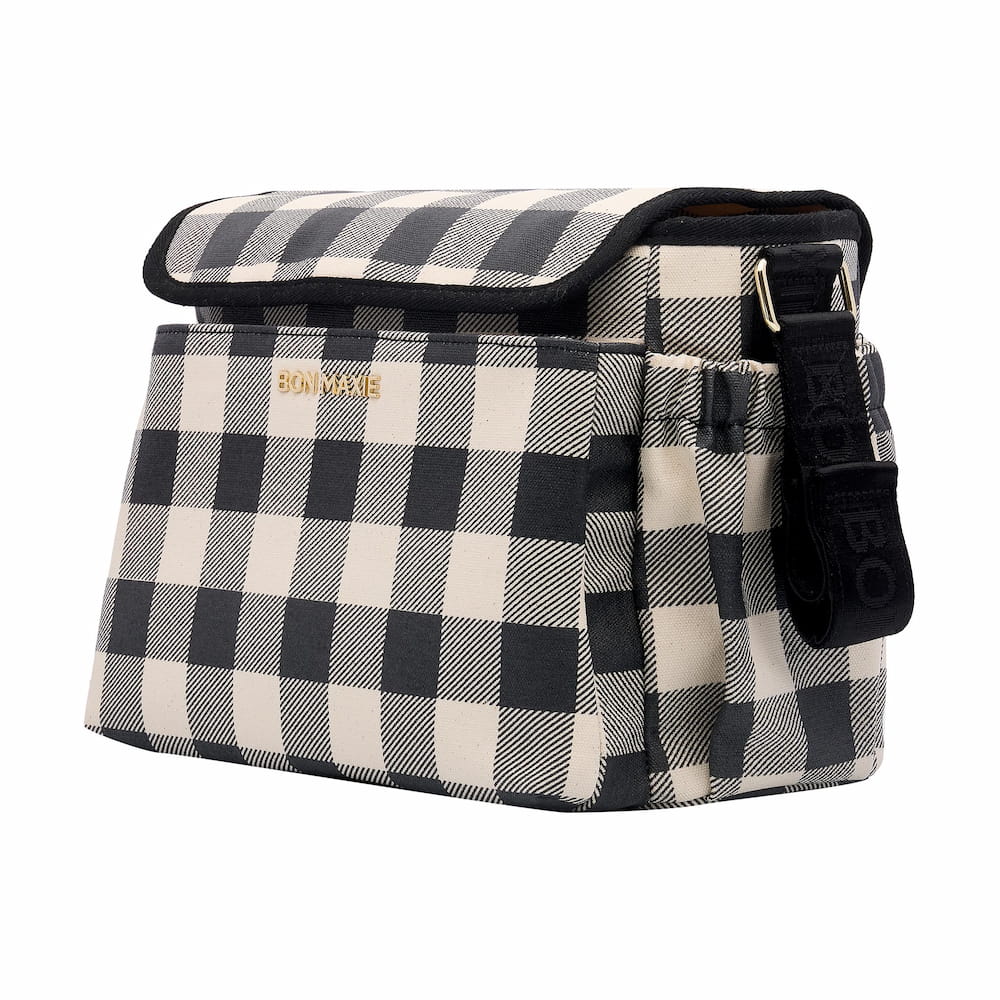 Black Gingham Carryall Pram Caddy - Stylish Baby Stroller Organizer for Diapers, Bottles & Essentials | Perfect for Shopping, Park Outings & Travel