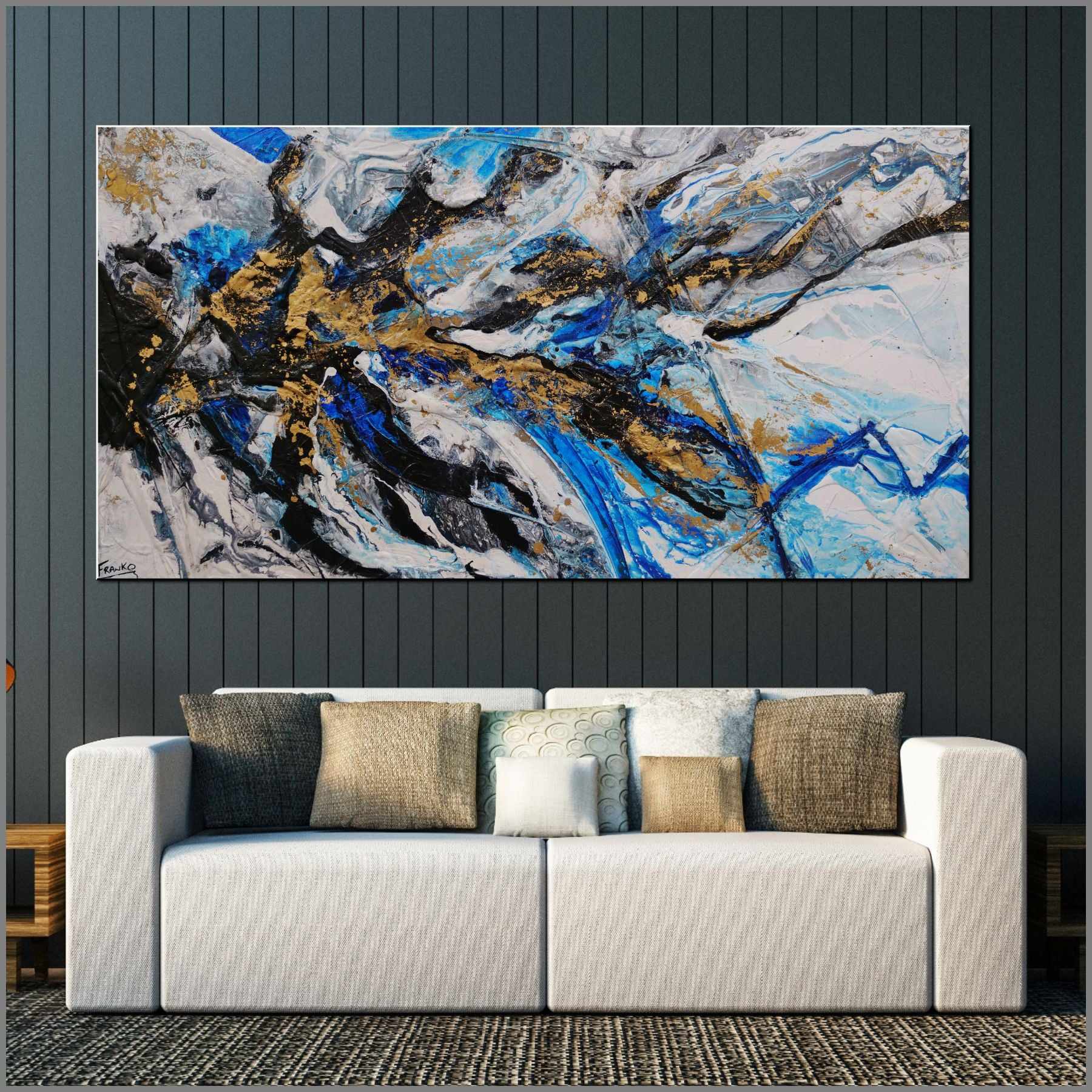 Golden Blue 190cm x 100cm Blue Gold Textured Abstract Canvas Wall Art - Modern Home Decor for Living Room, Bedroom & Office