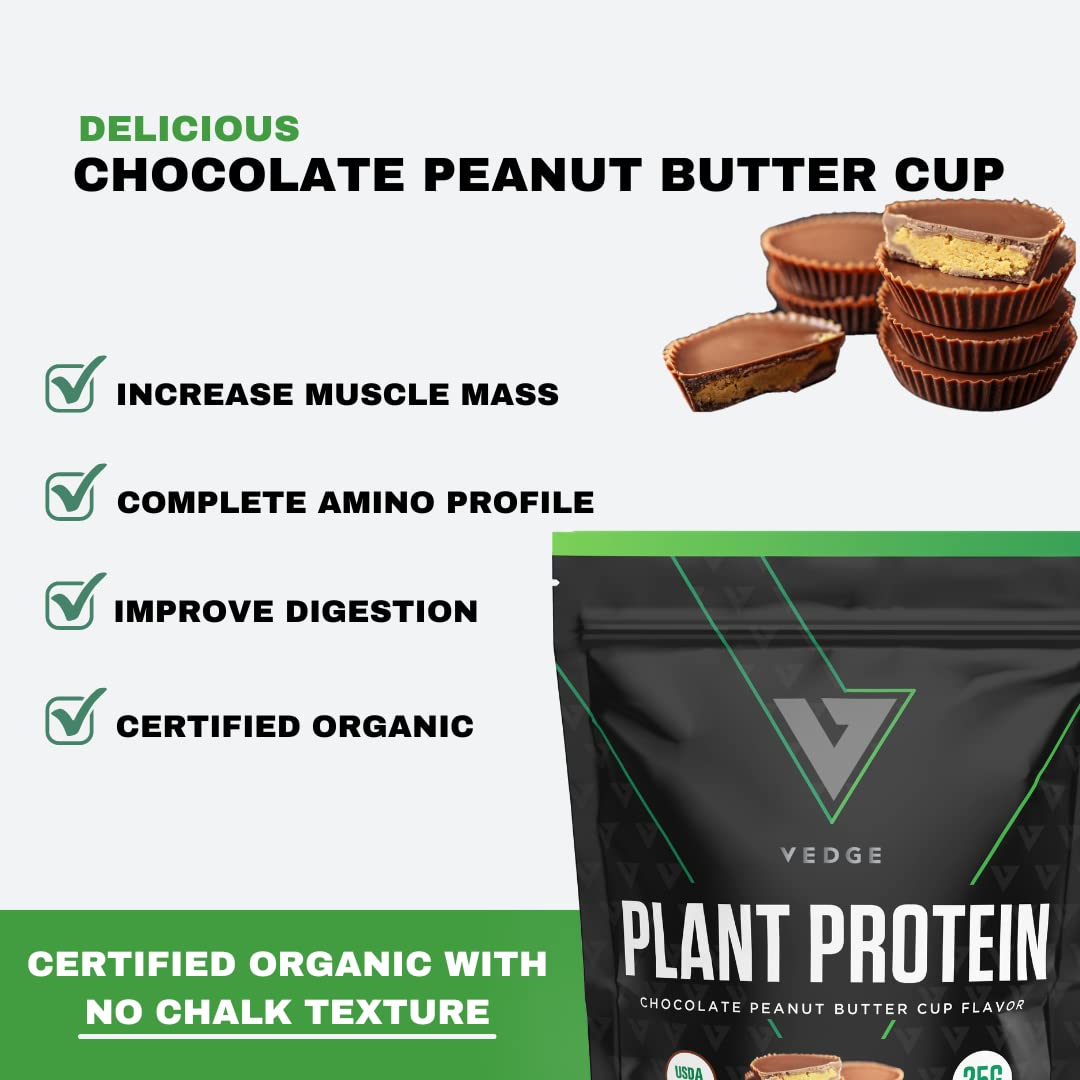 Vedge Certified Organic Plant Protein Powder - Chocolate Peanut Butter Cup (20 Servings) | Vegan, USDA Organic, Gluten Free, Dairy-Free Protein Supplement for Smoothies, Baking & Post-Workout Recovery