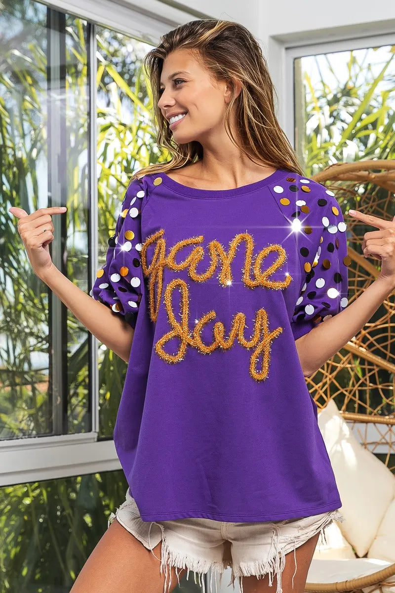 BiBi Game Day Metallic Letter Spangle Sleeve Top - Stylish Women's Party Blouse for Football Games, Concerts & Night Out