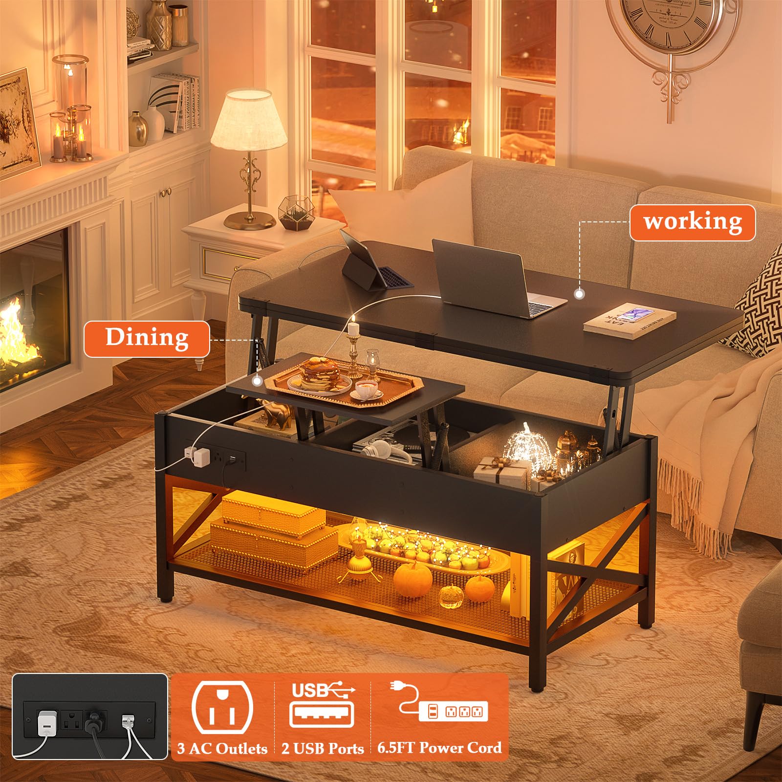 Aheaplus Multi-Function Lift Top Coffee Table with LED Light & Power Outlet, Converts to Dining Table, Center Table with Shelves for Living Room, Home Office, Reception, Perfect for Small Spaces and Modern Homes