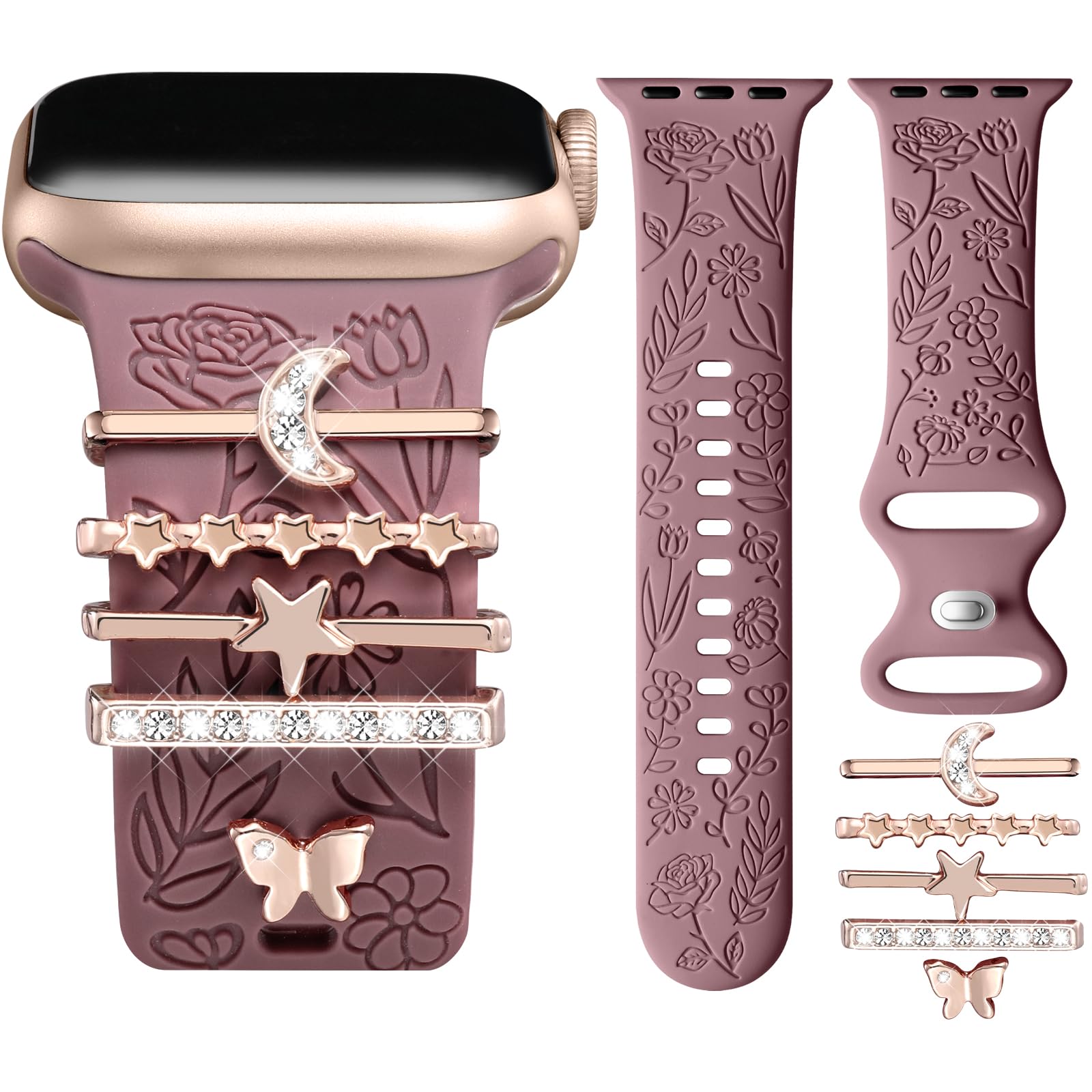 DaQin Floral Engraved Apple Watch Band - Soft Silicone Strap with Charms for Women, Compatible with Apple Watch Series 9/8/7/6/5/4/3/2/1/SE (38mm 40mm 41mm 42mm 44mm 45mm) - Perfect for Workouts, Office Wear & Everyday Fashion Accessory