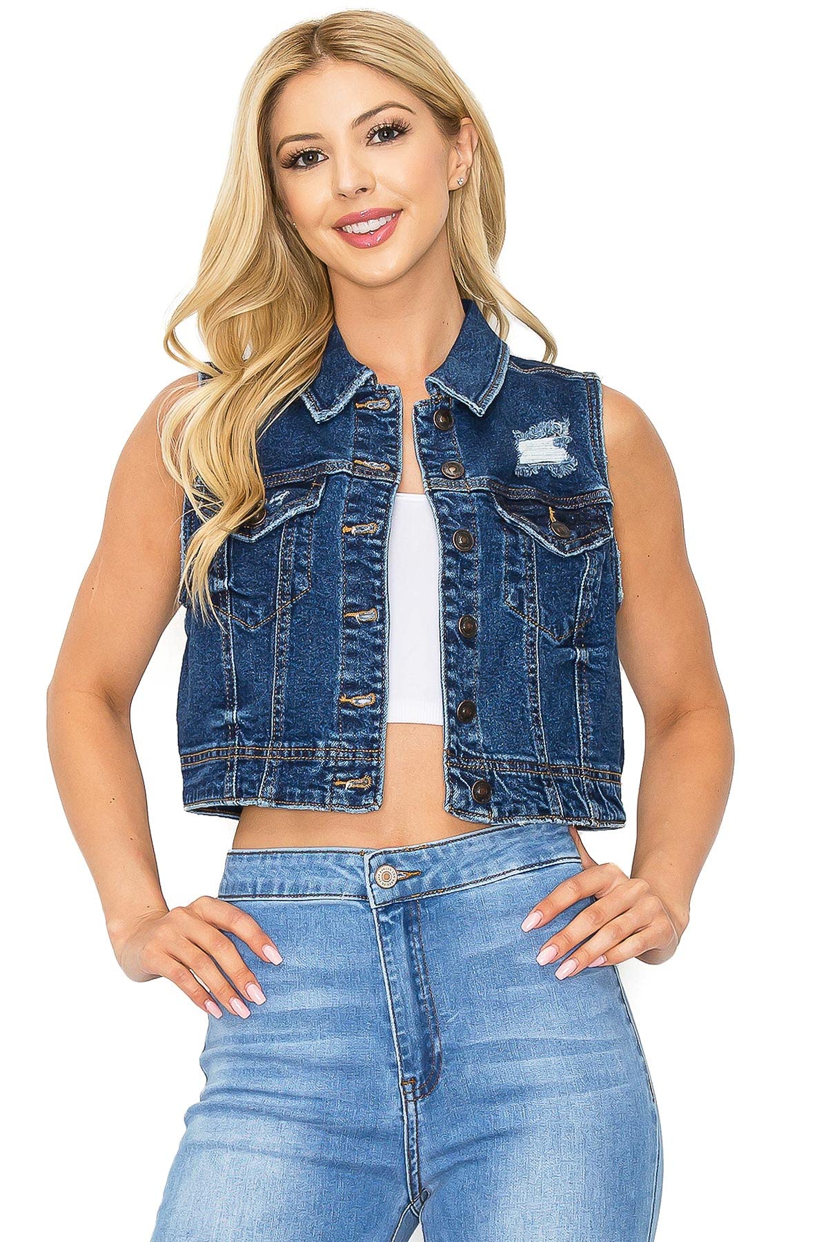 Women's Classic Cropped Denim Vest - High Waisted Wax Jeans Jacket for Casual Outfits & Streetwear Fashion | Perfect for Layering, Spring & Summer Styling