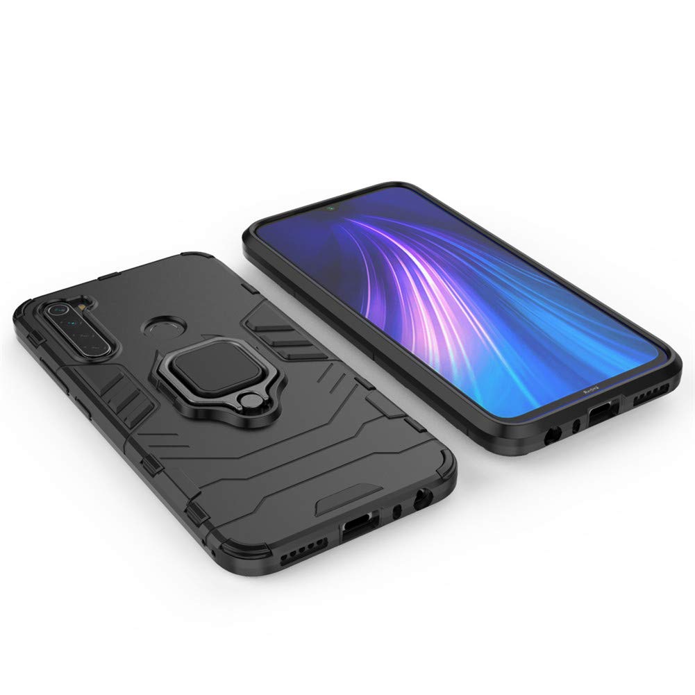 LuluMain Shockproof Rugged Case for Xiaomi Redmi Note 8 - Dual Layer Hard Bumper with Metal Ring Grip & Kickstand | Compatible with Magnetic Car Mount | Perfect for Outdoor Activities, Work & Travel (Black)