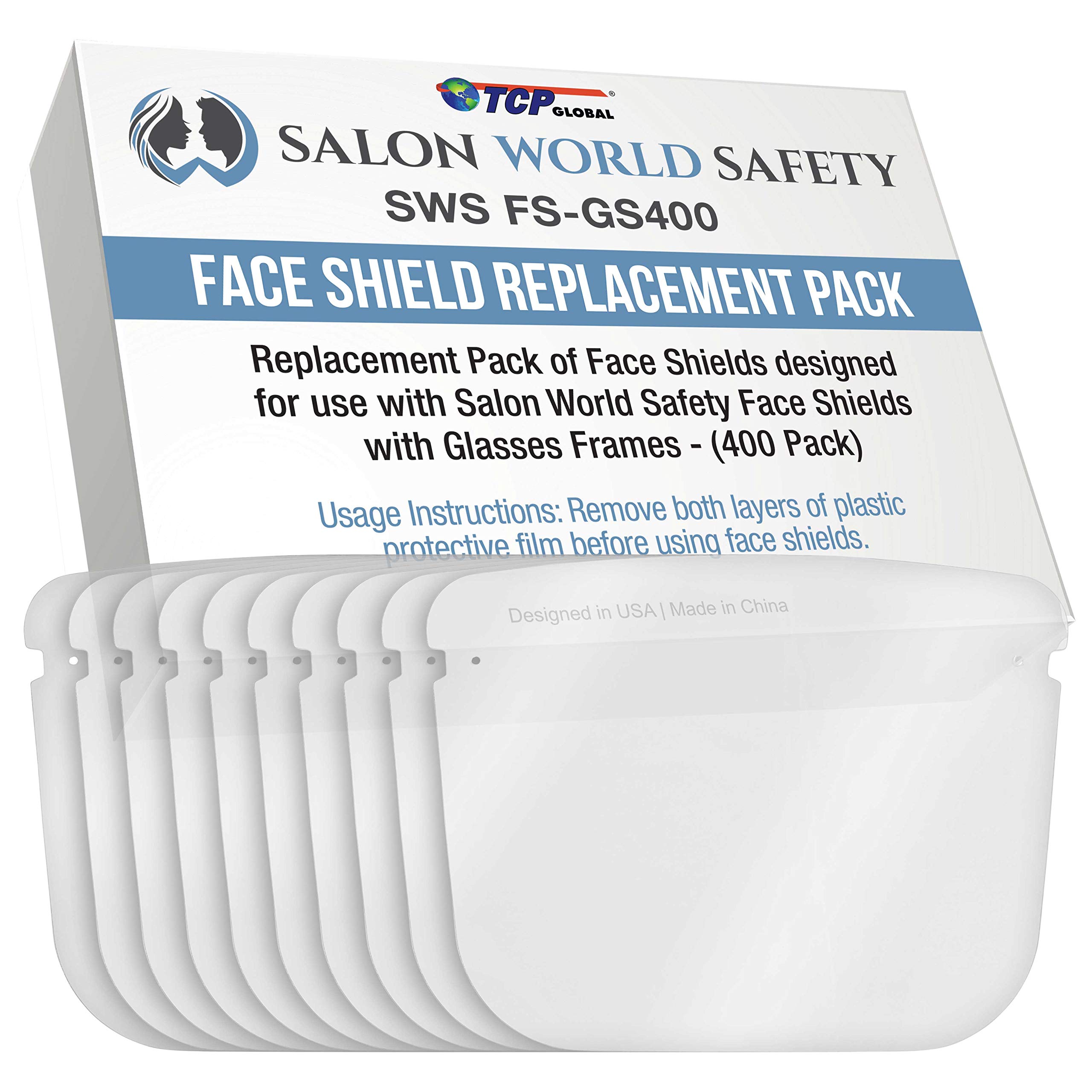 TCP Global Salon World Safety Replacement Face Shields - 40 Pack (10 Packs of 4), Clear PET Plastic Anti-Fog Full Face Protection for Eyes, Nose & Mouth - Compatible with Most Brands | Ideal for Salons, Healthcare, Labs & Industrial Use