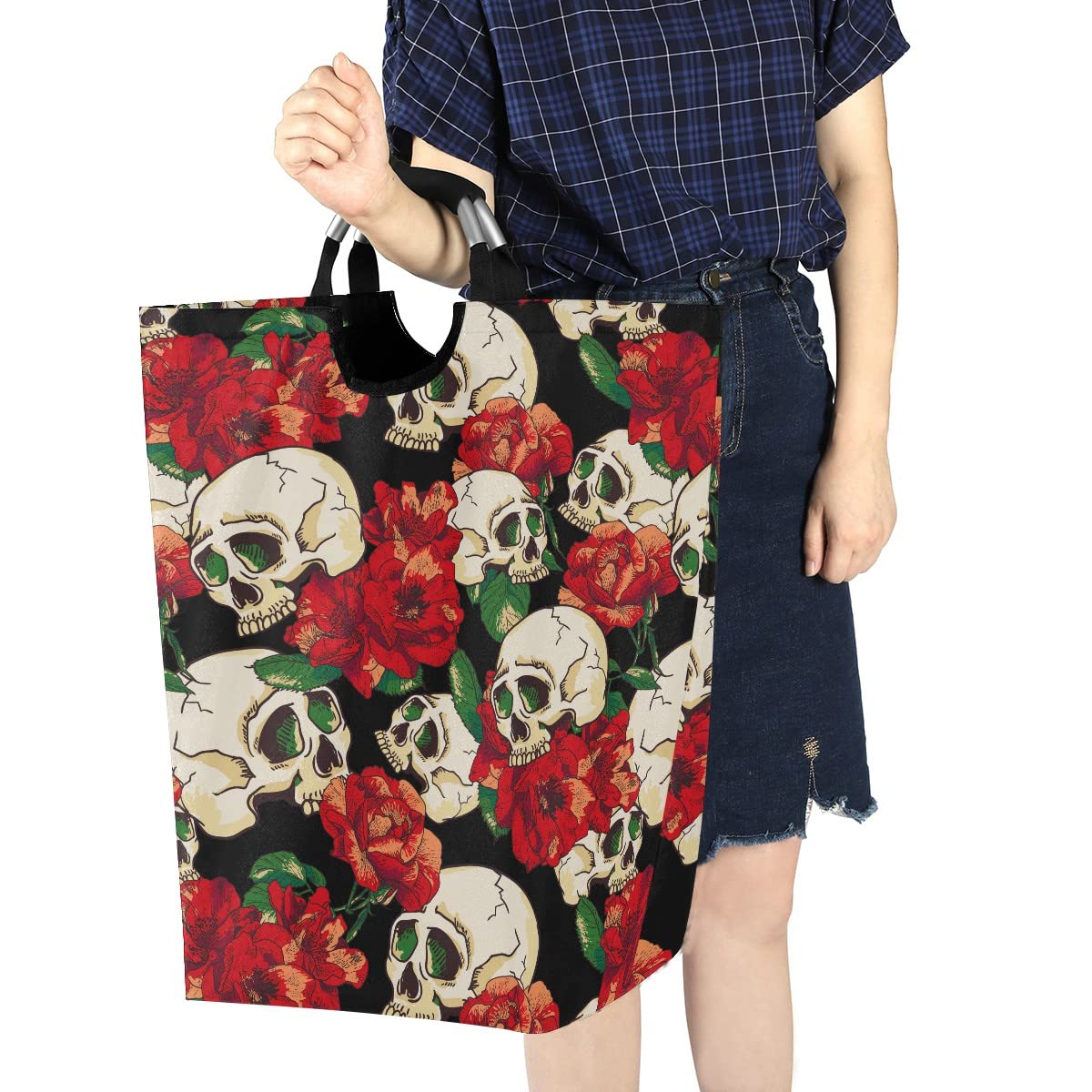 MNSRUU Foldable Laundry Bag with Handles - Skull & Flower Design Collapsible Laundry Basket Hamper for Bathroom Storage, Laundry Room Organization - Perfect for College Dorms, Travel & Home Decor