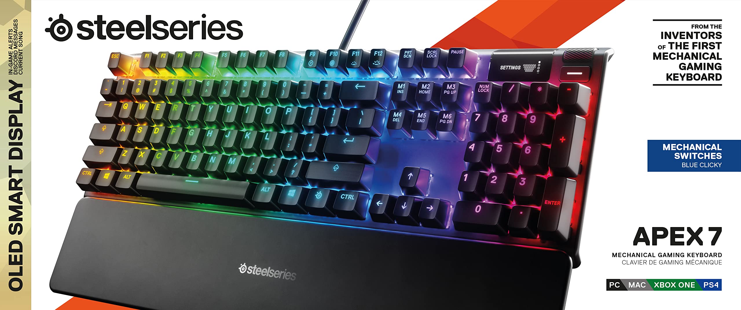 SteelSeries Apex 7 Mechanical Gaming Keyboard with OLED Display - Blue Switches - US QWERTY Layout - Perfect for FPS, MOBA & Esports Gaming