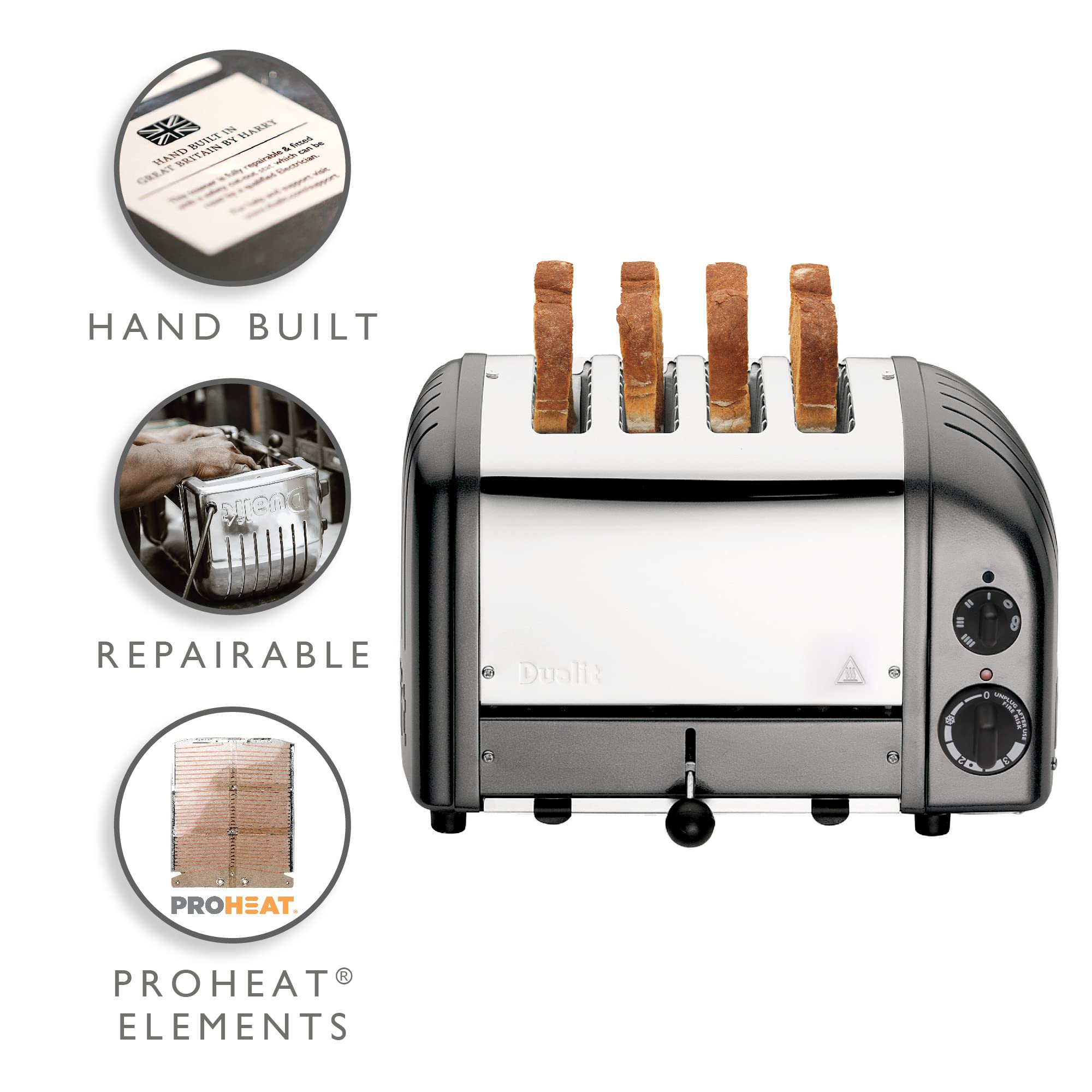 Dualit Classic 4-Slice Stainless Steel Toaster - Handcrafted in UK - ProHeat Replaceable Elements - Defrost & Reheat Function - Mechanical Timer - Perfect for Breakfast, Brunch & Kitchen Countertop Use
