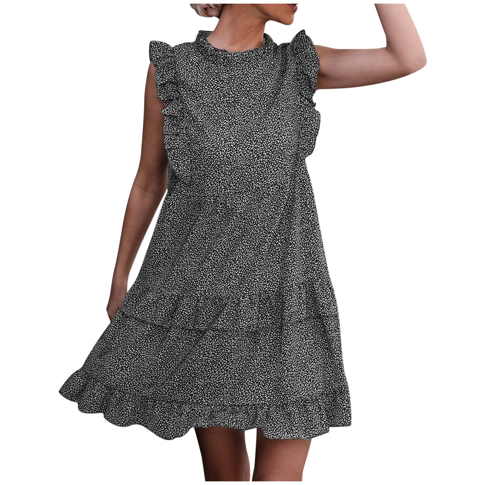 Women's Summer Sleeveless Ruffle Mini Dress - Polka Dot Sun Casual Loose Midi Shift Dress for Beach, Vacation & Outdoor Parties
