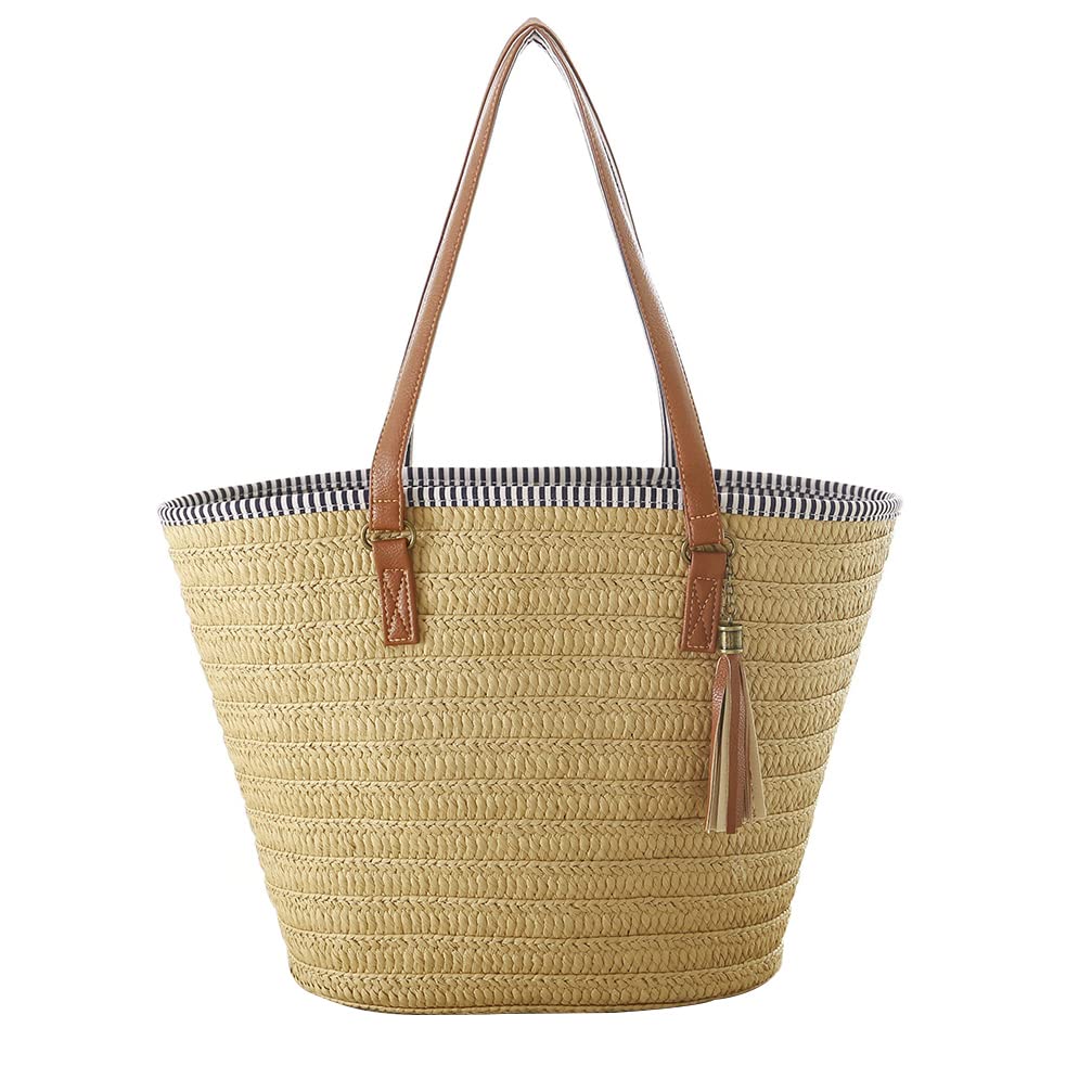 Stylish Hsthe Sea Straw Beach Handbag for Women - Crossbody Shoulder Bag with Leather Handles & Tassel - Perfect for Summer Travel, Shopping & Craft Fairs (Brown)