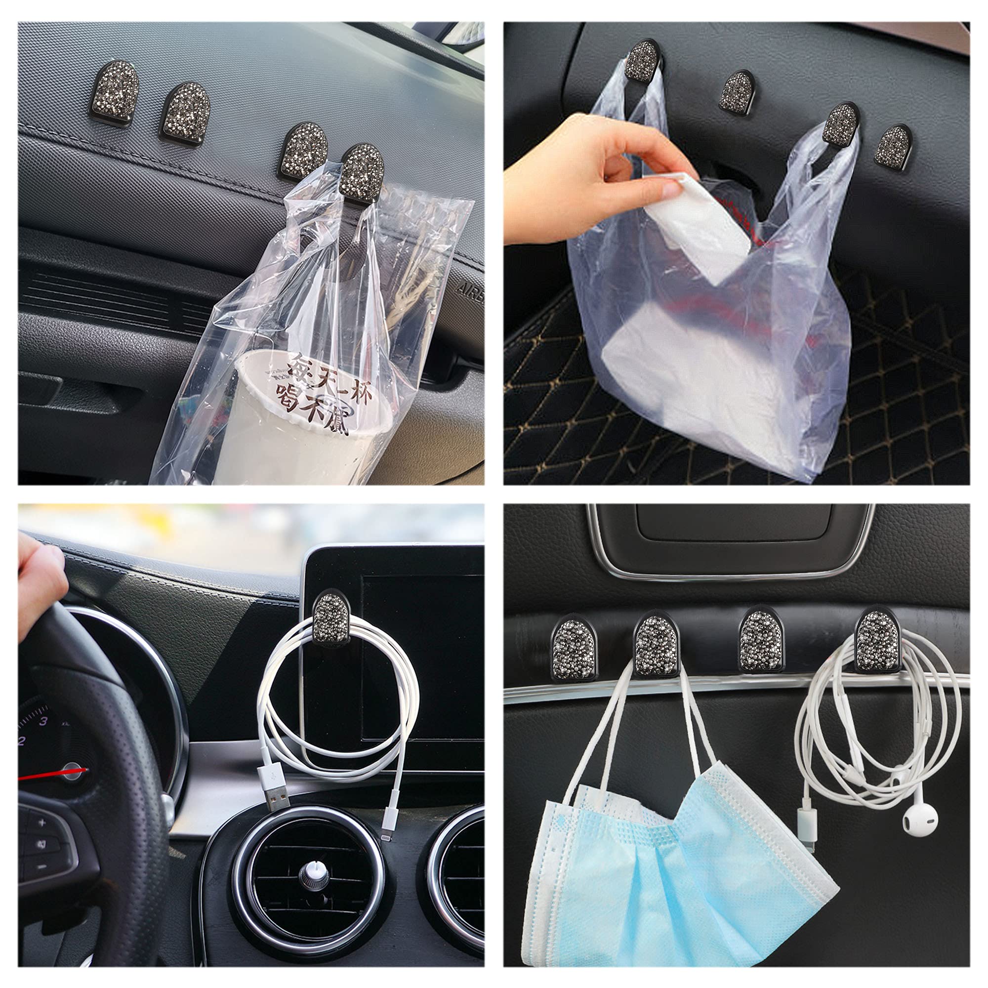 WINKA Bling Car Hooks 4pcs - Crystal Dashboard Hooks for Keys, Sunglasses & More - Universal Car Accessories with Diamond Design (Gray) - Perfect for Organizing Your Car Interior & Keeping Essentials Handy