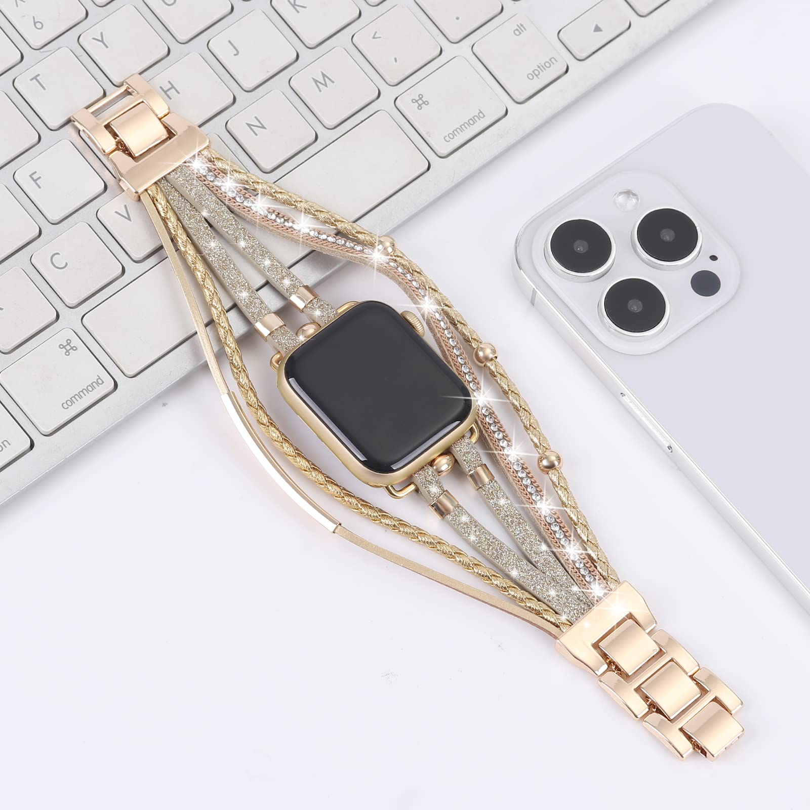 WONMILLE Genuine Leather Apple Watch Bands for Women - Compatible with 38mm 40mm 41mm 42mm 44mm 45mm 49mm Models - Boho Bracelet Strap for Series Ultra/SE/1-10 - Perfect for Workouts, Office & Casual Wear