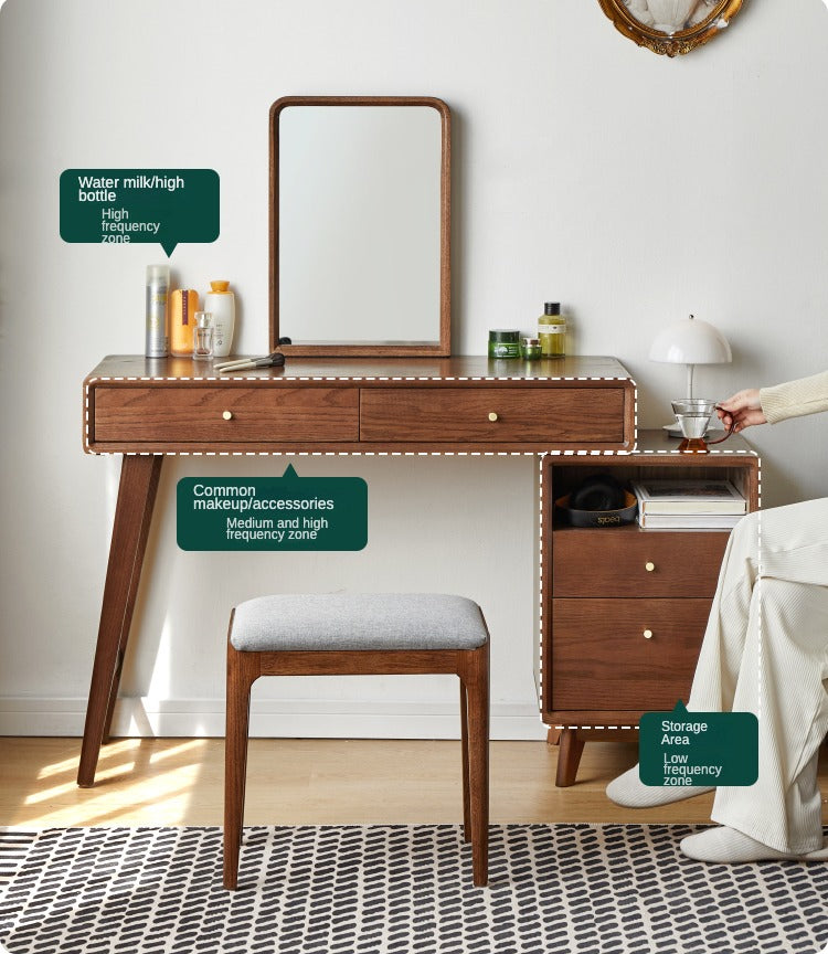 Solid Oak Wood Extendable Dressing Table - Walnut Finish | Elegant Vanity Desk for Bedroom, Makeup Station & Home Decor