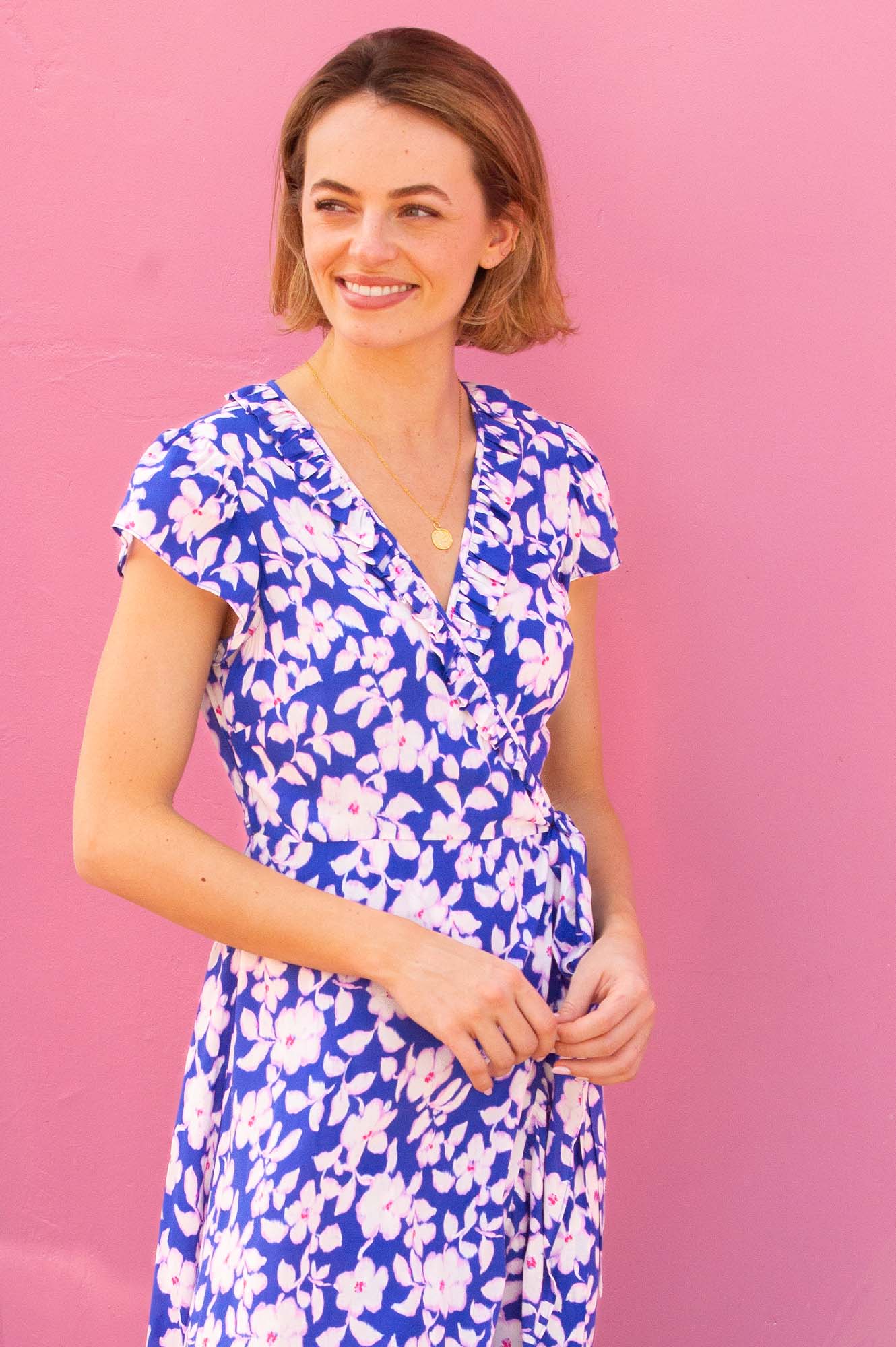 EcoVero™ Wrap Dress for Women - Sustainable Blossom Cobalt & Pink Floral Print | Comfortable Stretchy Fabric | Perfect for Work, Date Night & Summer Vacation