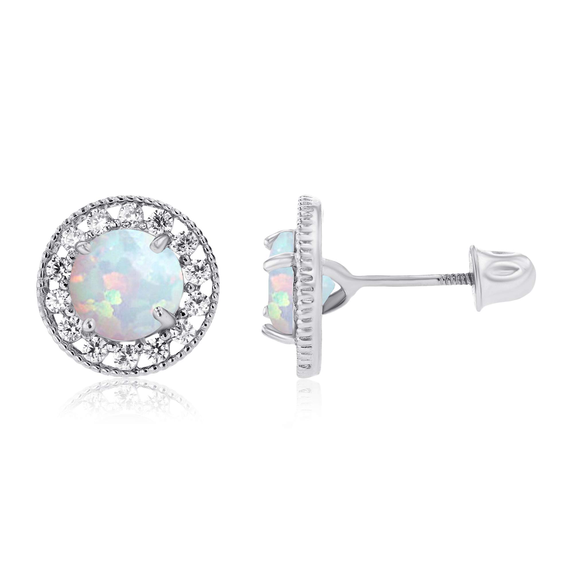 14K Solid Gold 9mm Halo Birthstone Screwback Stud Earrings for Women | 6mm Round Genuine Birthstone | 1.25mm White Sapphire Halo Earrings | Perfect for Birthdays, Anniversaries & Special Occasions