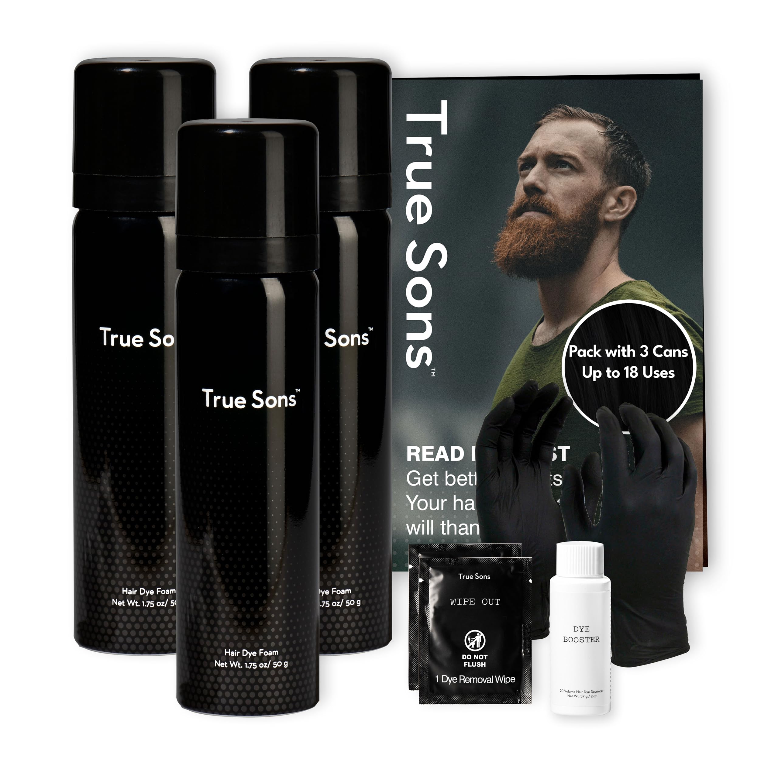 True Sons Hair Dye Foam for Men - Ammonia-Free, Natural-Looking Hair Color Kit with Instant Color Booster (3 Bottles, True Black) - Gentle Formula for Sensitive Skin, Easy At-Home Application | Perfect for Touch-Ups, Gray Coverage & Styling