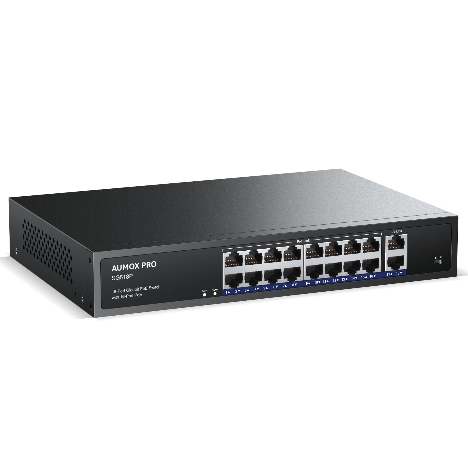 16 Port Gigabit PoE Switch | AUMOX PRO SG518P 18 Ethernet Unmanaged Network Switch with 2 Gigabit Uplink & 250W Power | Plug & Play | Metal Housing | Desktop/Wall/Rack Mount | 802.3af/at Compliant | Ideal for Office Networks, Security Camera Systems & Smart Home Installations