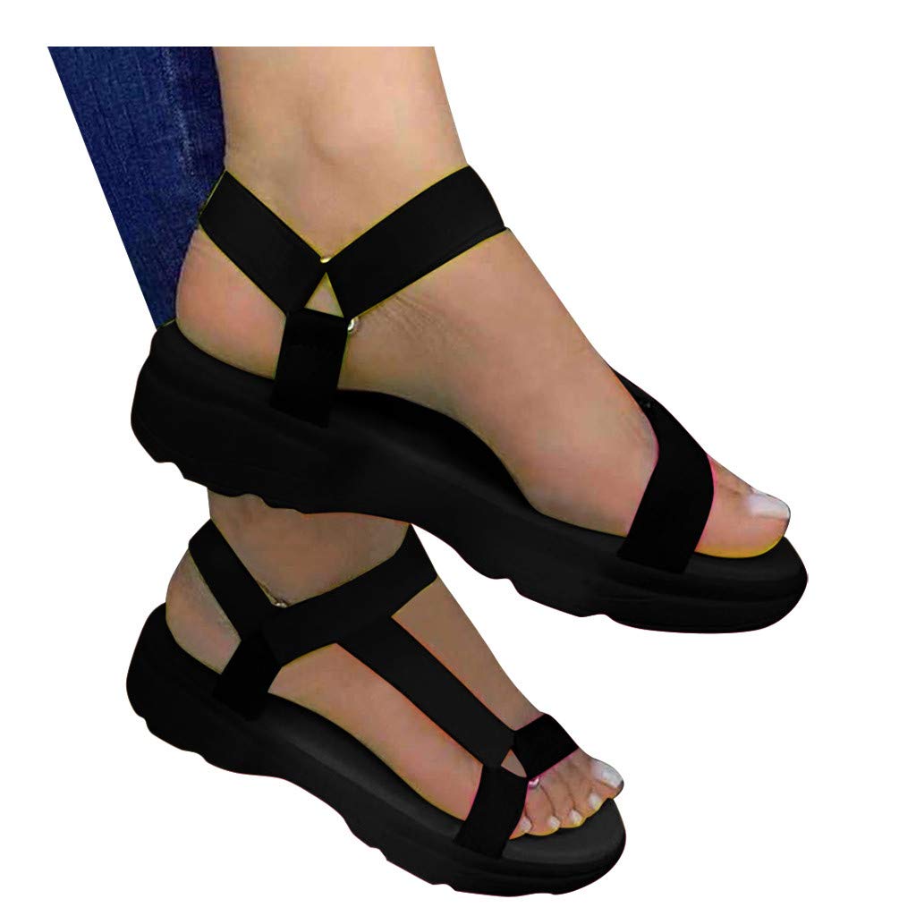 Aniwood Women's Platform Sandals - Comfortable Black Ankle Strap Summer Sandals with Buckle, Open Toe Espadrilles for Beach, Vacation & Casual Wear