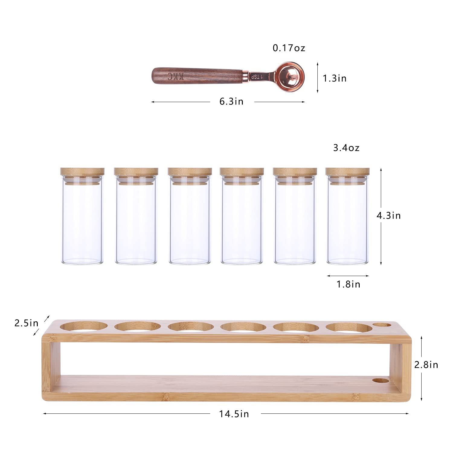 KKC HOME ACCENTS 6-Piece Glass Spice Jars Set with Bamboo Lids, Wooden Rack & Measuring Spoon - 3.4oz Airtight Kitchen Spice Containers for Countertop Organization | Perfect for Cooking, Baking & Pantry Storage