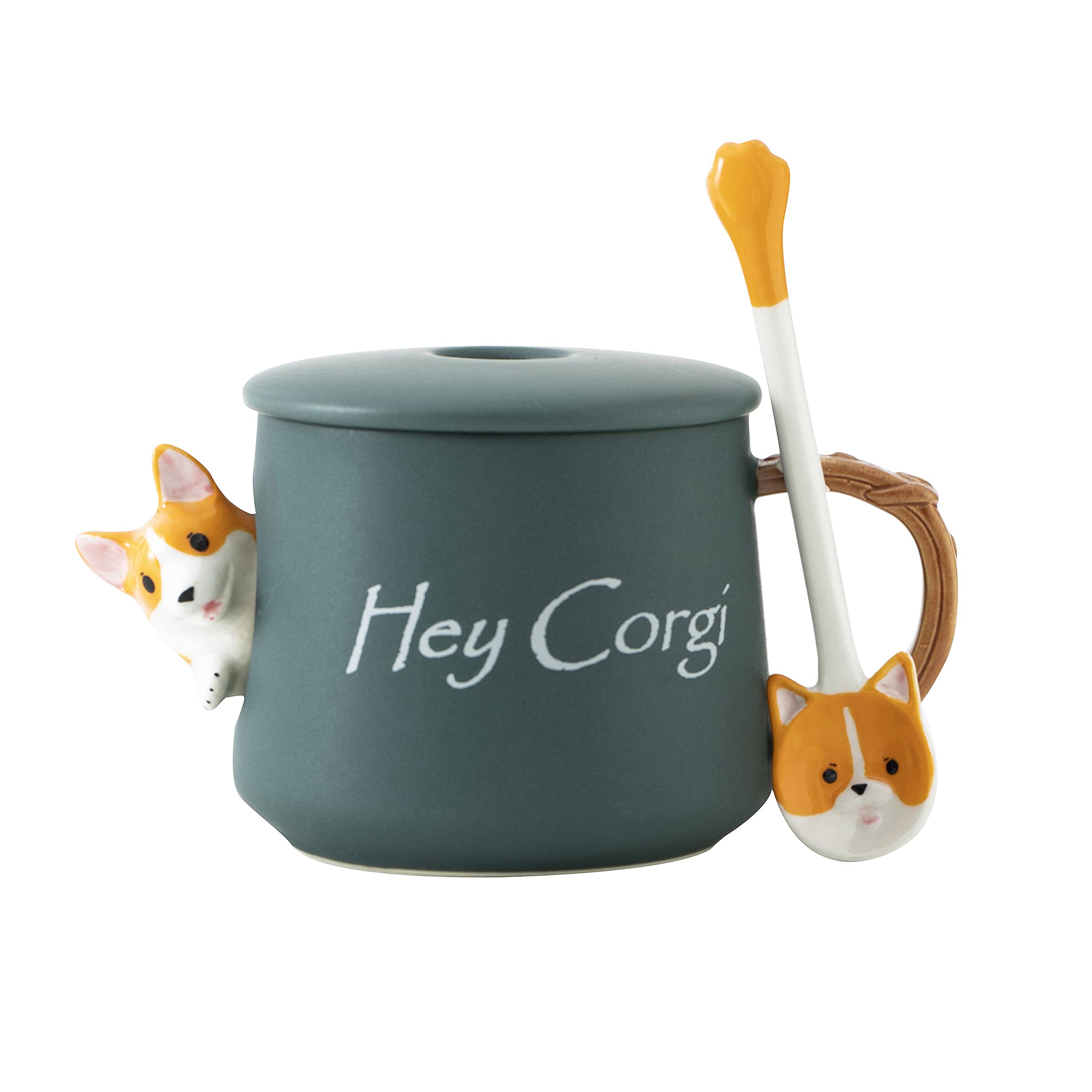 DIHOclub 14oz Ceramic Coffee Mug with Lid & Spoon - Cute 3D Corgi Design for Tea, Milk, Chocolate or Juice | Perfect Gift for Dog Lovers | Ideal for Home, Office or Outdoor Use (Green)