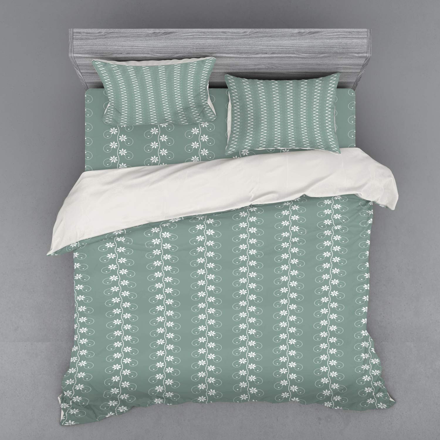 Ambesonne Vintage Floral Bedding Set - King Size 4-Piece Duvet Cover with Shams & Fitted Sheet - Rococo-Inspired Lace Pattern in Sage Green & White | Perfect for Spring Bedroom Decor & Guest Room Makeover