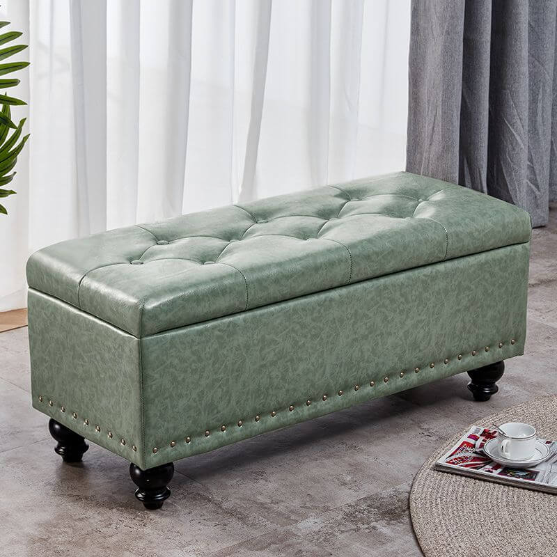 Water Resistant Stitch Tufted Upholstered Storage Ottoman with Nailhead Trim - Green/Peony/Butter Color, Modern Style with Legs - Perfect for Living Room, Bedroom & Home Office Organization