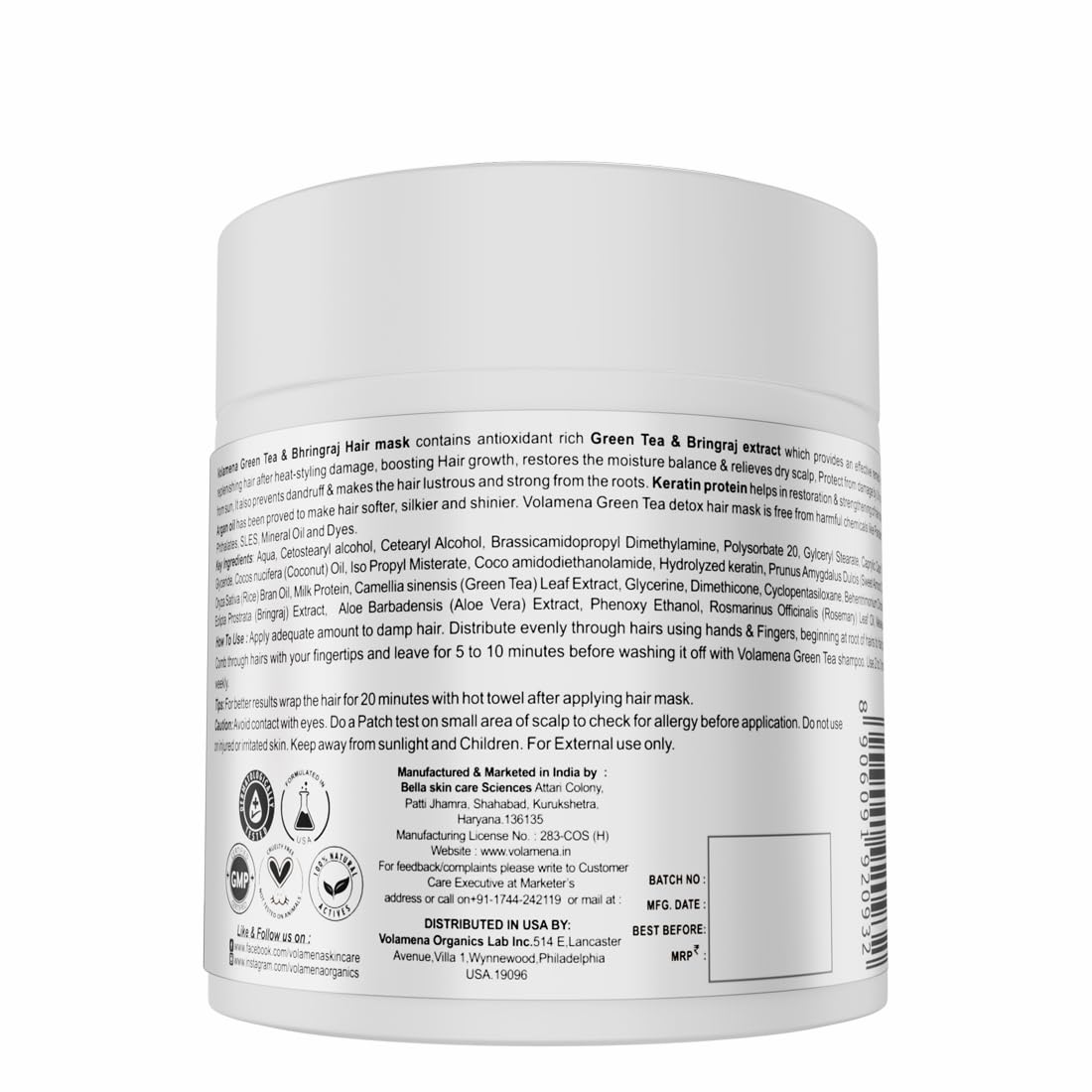 Volamena Green Tea & Bhringraj Hair Mask - Anti Dandruff & Hair Fall Control Treatment (120ml) | Deep Conditioning Hair Spa for Dry, Damaged Hair | At-Home Hair Care Solution