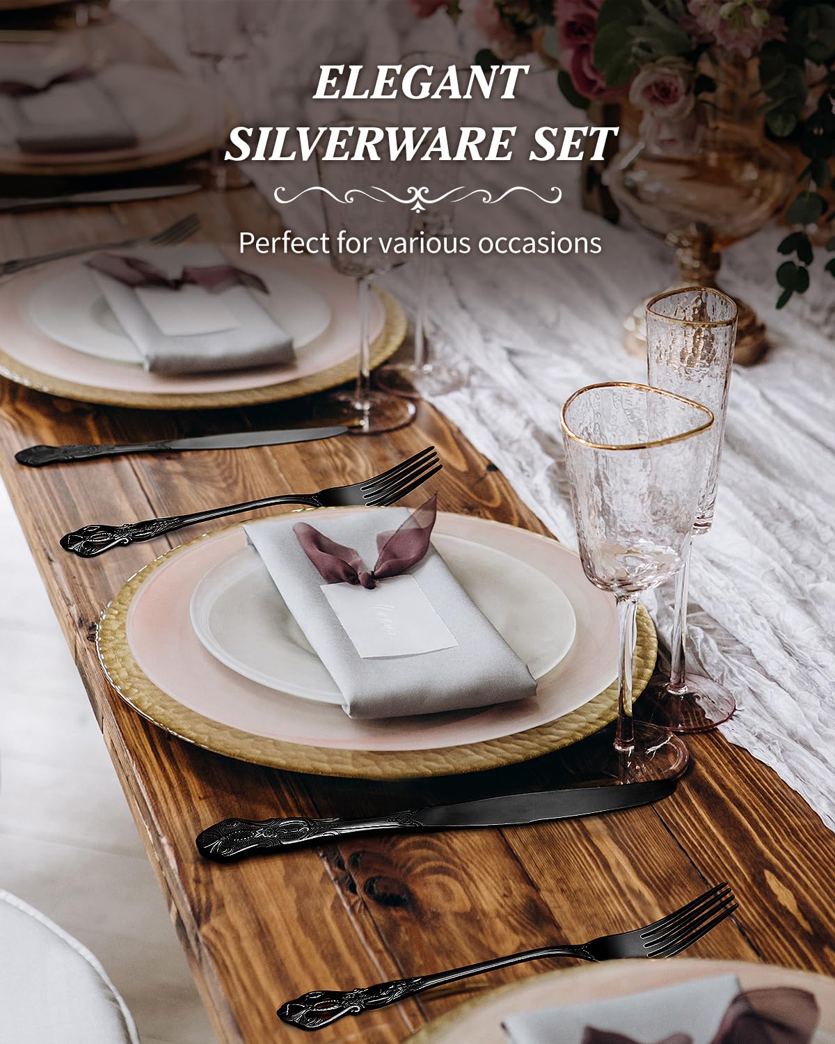 48-Piece Black Silverware Set for 8 People - Elegant Retro Royal Flatware Set with Steak Knives | Stainless Steel Cutlery Set Includes Forks, Spoons & Knives | Mirror Finish & Dishwasher Safe | Perfect for Dinner Parties, Weddings & Upscale Dining