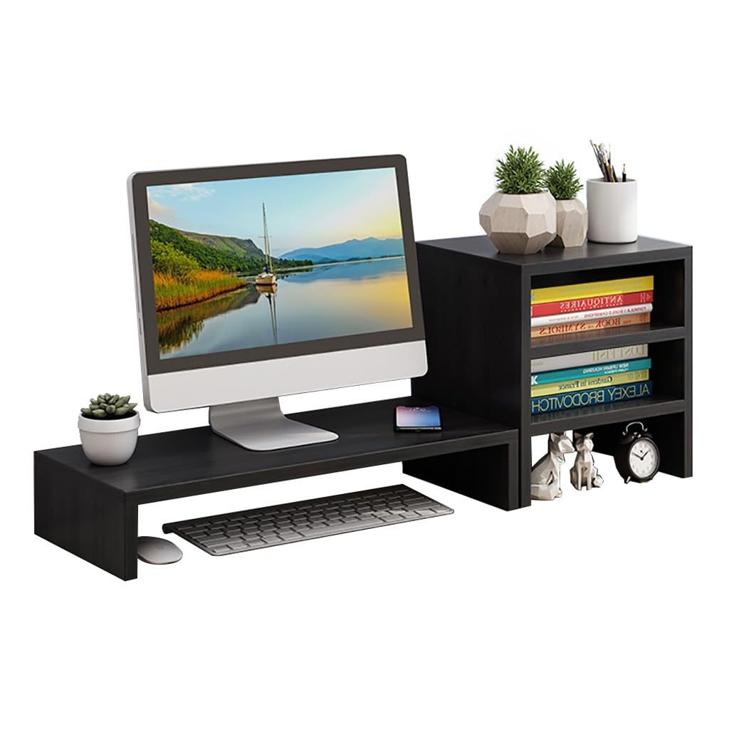Tyewomiy 3-Tier Monitor Stand for Computer, Laptop & Printer - Black Desktop Organizer with Storage Shelves (75.7x25x27.6cm) - Perfect for Home Office & Workspace Organization