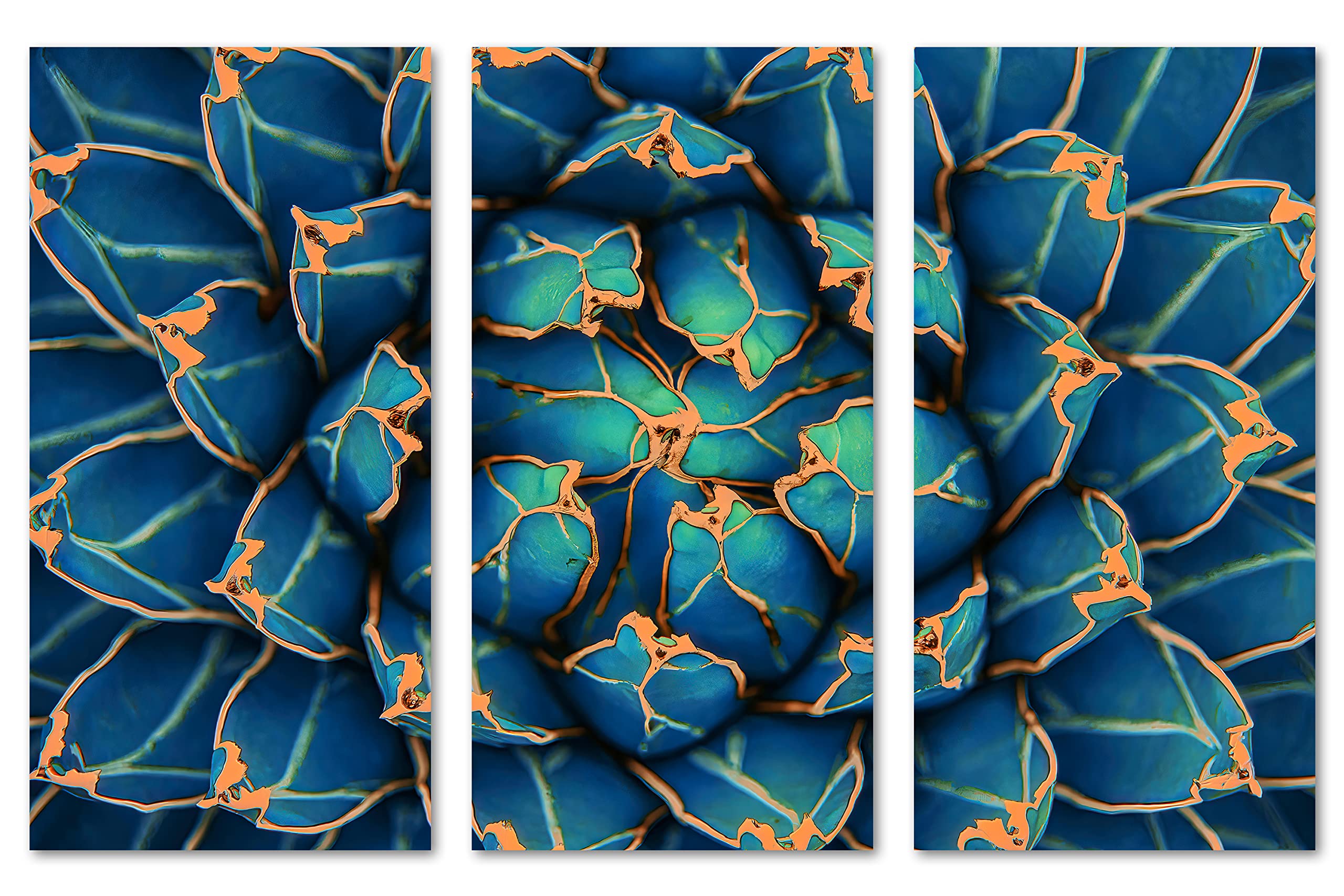 48x32 Agave Cactus Canvas Wall Art - 3 Panel Split Botanical Flower Painting in Capri Blue | Perfect for Living Room, Bedroom & Office Decor