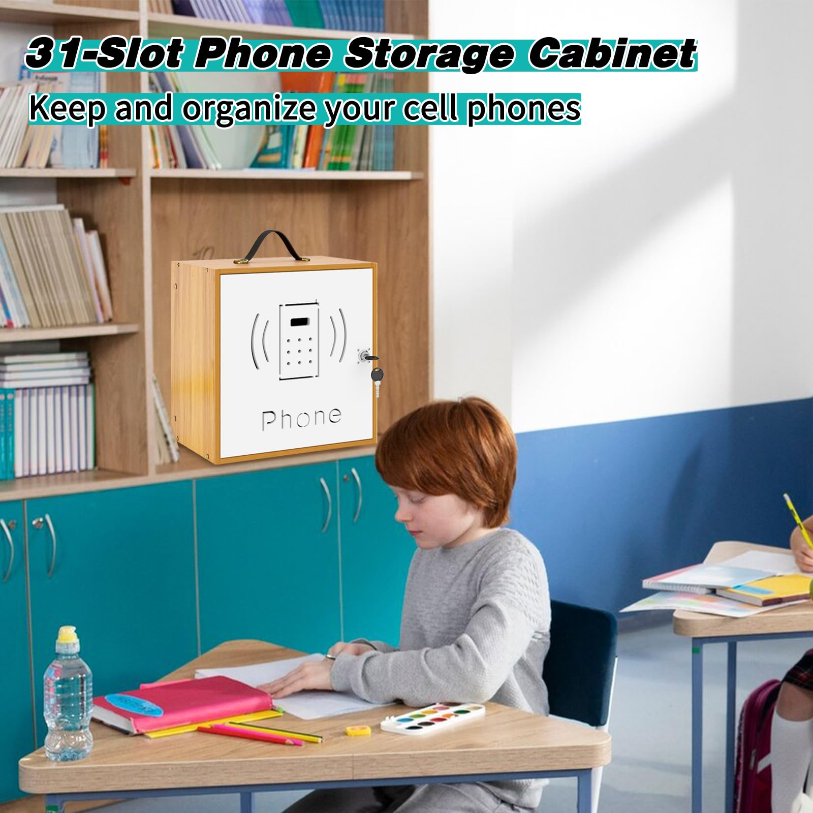 31-Slot Wooden Cell Phone Storage Cabinet with Handle & Security Lock - Cherry Wood Desktop Phone Holder for Classroom, Office, and Home Organization