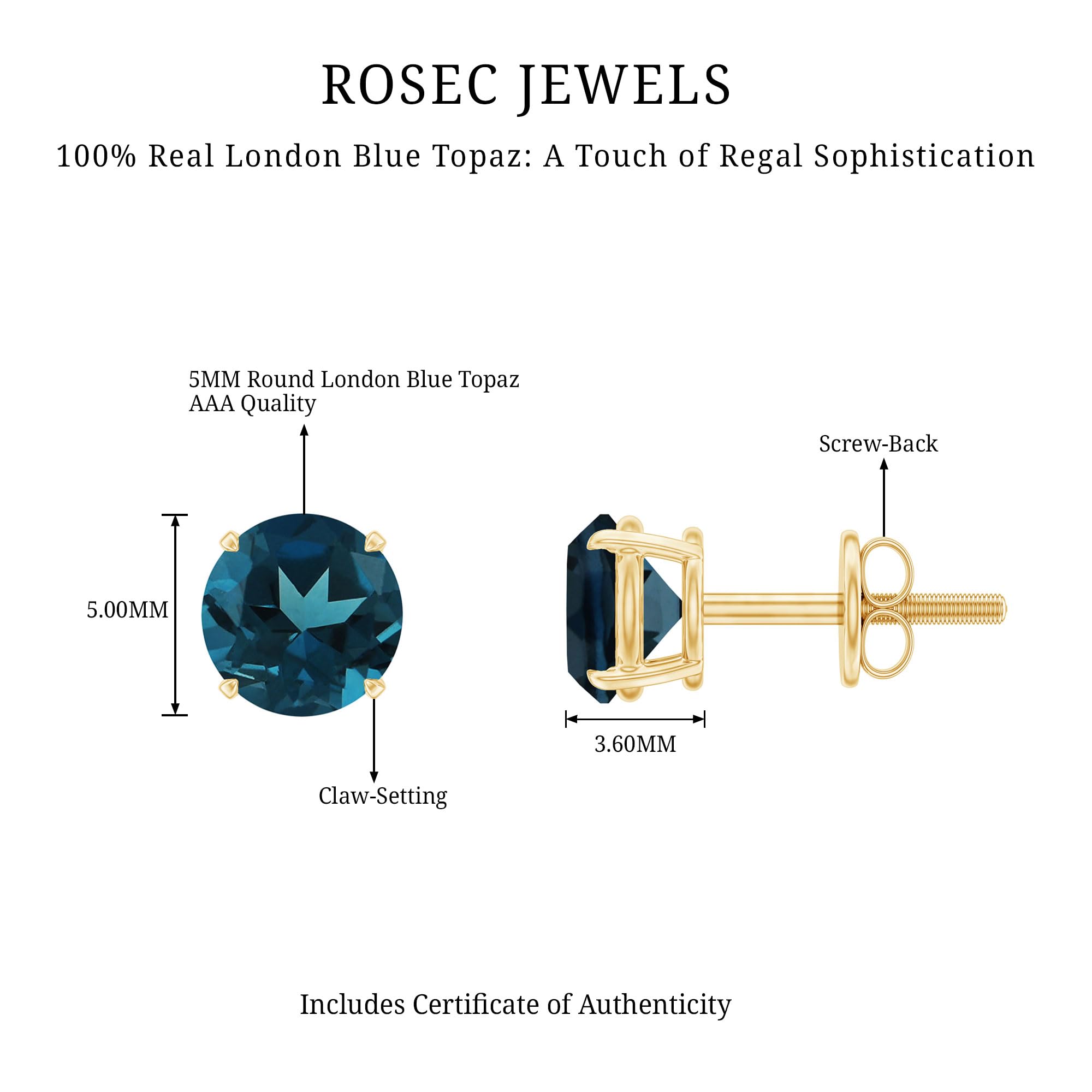 London Blue Topaz Solitaire Screw Back Stud Earrings - December Birthstone Jewelry, Elegant Gift for Women, Perfect for Birthday, Anniversary & Special Occasions