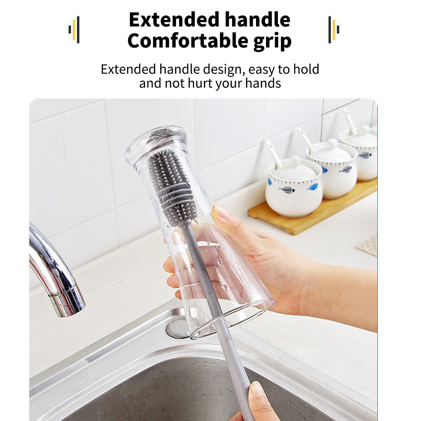Stainless Steel Bottle Cleaning Brush for Water Bottles, Vases & Glassware - Long Handle Narrow Neck Brush for Hard-to-Reach Areas - Perfect for Baby Bottles, Travel Mugs & Home Cleaning (Grey)